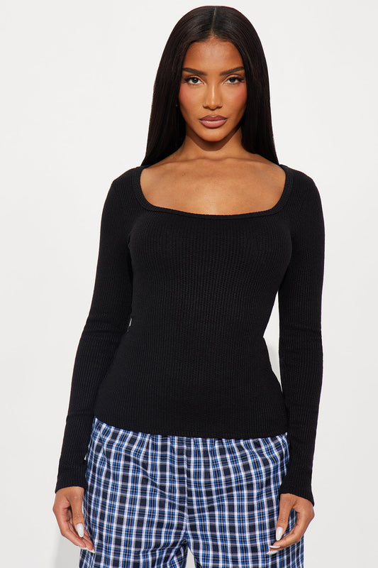 Jana Heathered Waffle Knit Long Sleeve Top - Black