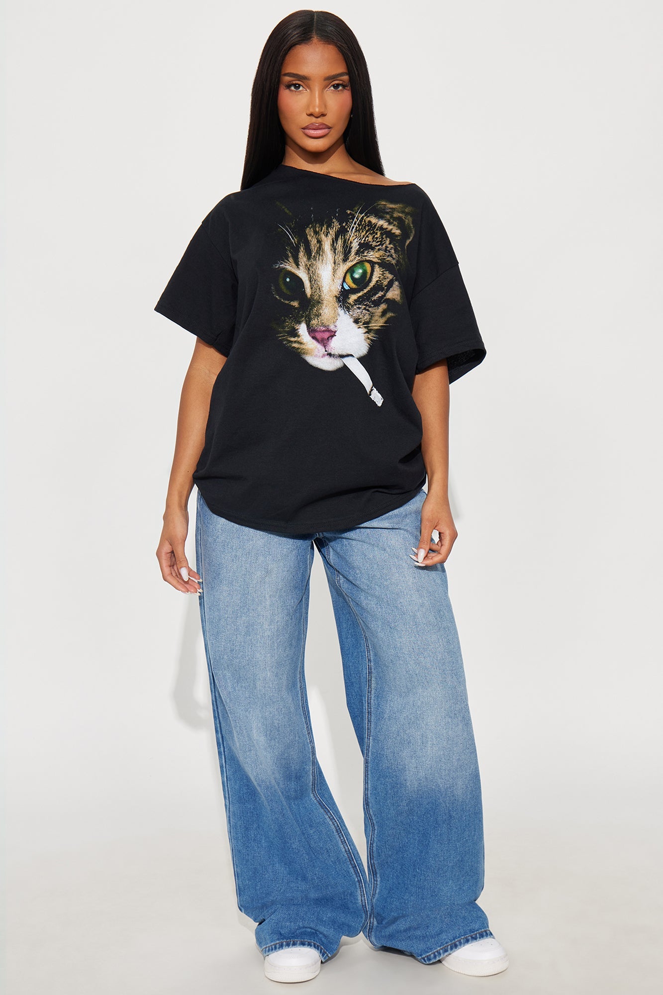 Cat Ciggy Off Shoulder Tee - Black
