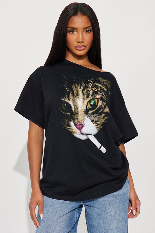 Cat Ciggy Off Shoulder Tee - Black