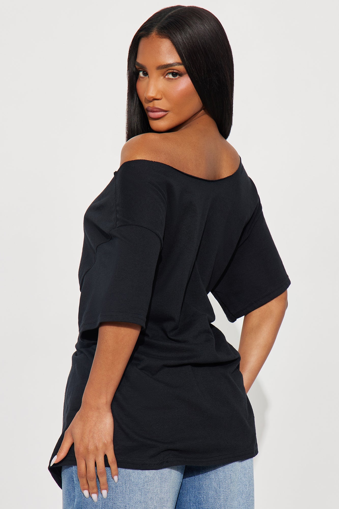 Cat Ciggy Off Shoulder Tee - Black