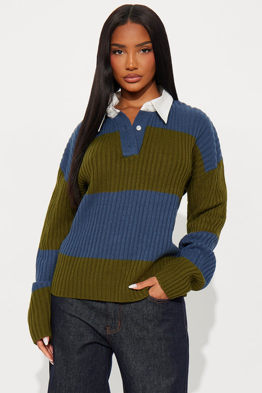 Make You Wonder Rugby Striped Sweater - Green/combo
