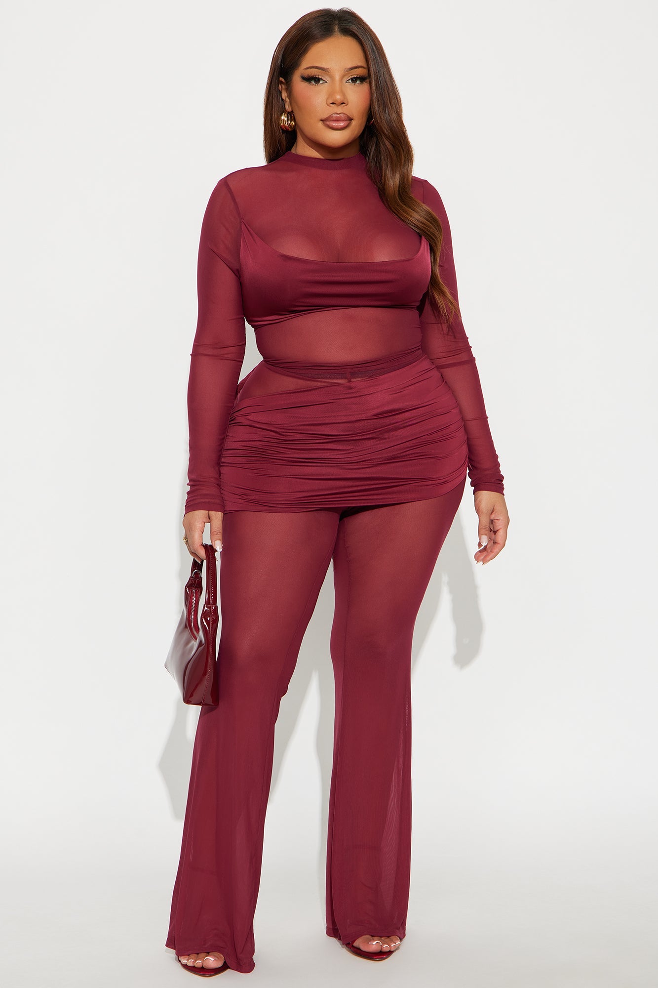 Lara Ruched Mesh Pant Set - Burgundy