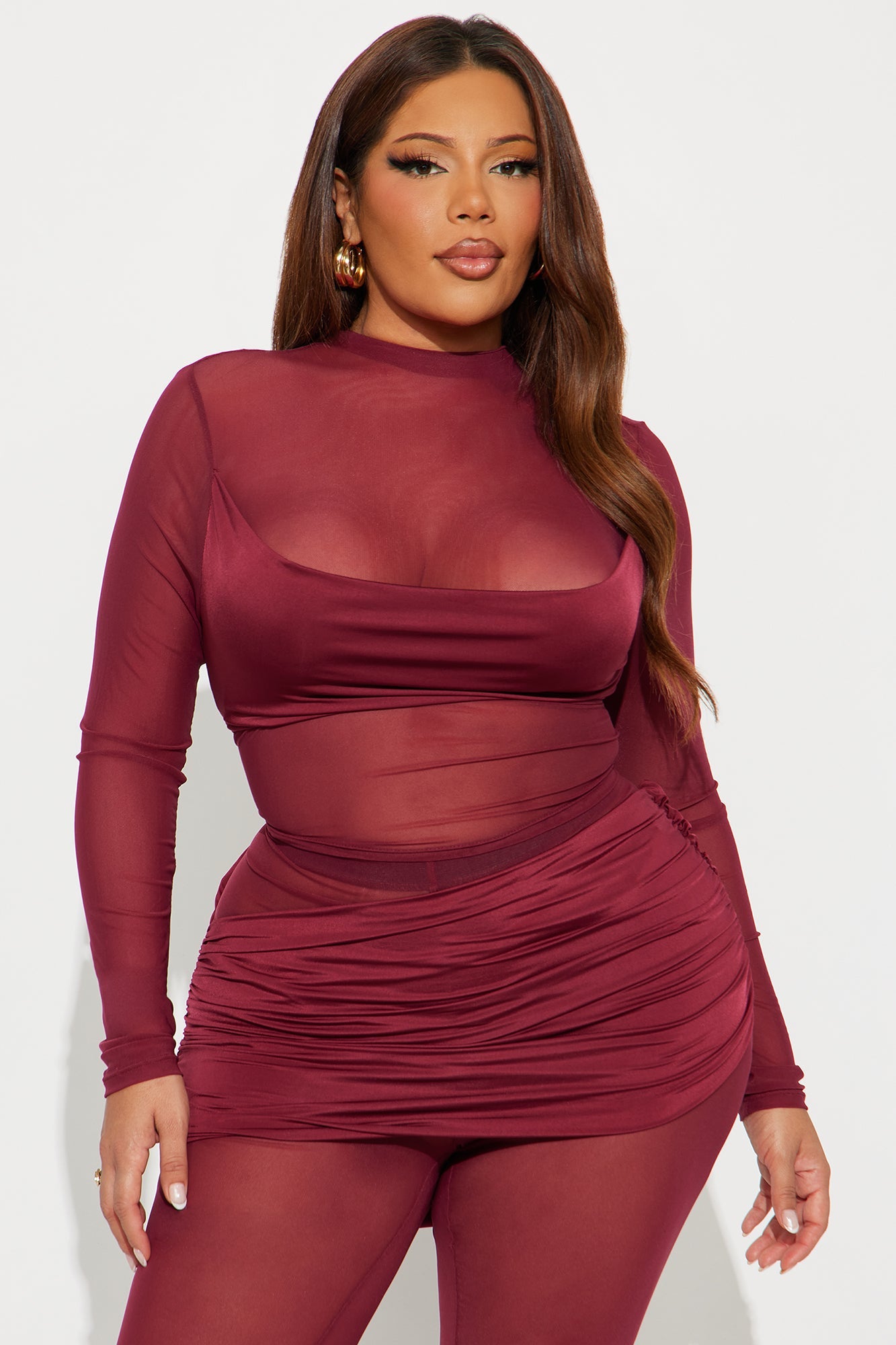 Lara Ruched Mesh Pant Set - Burgundy