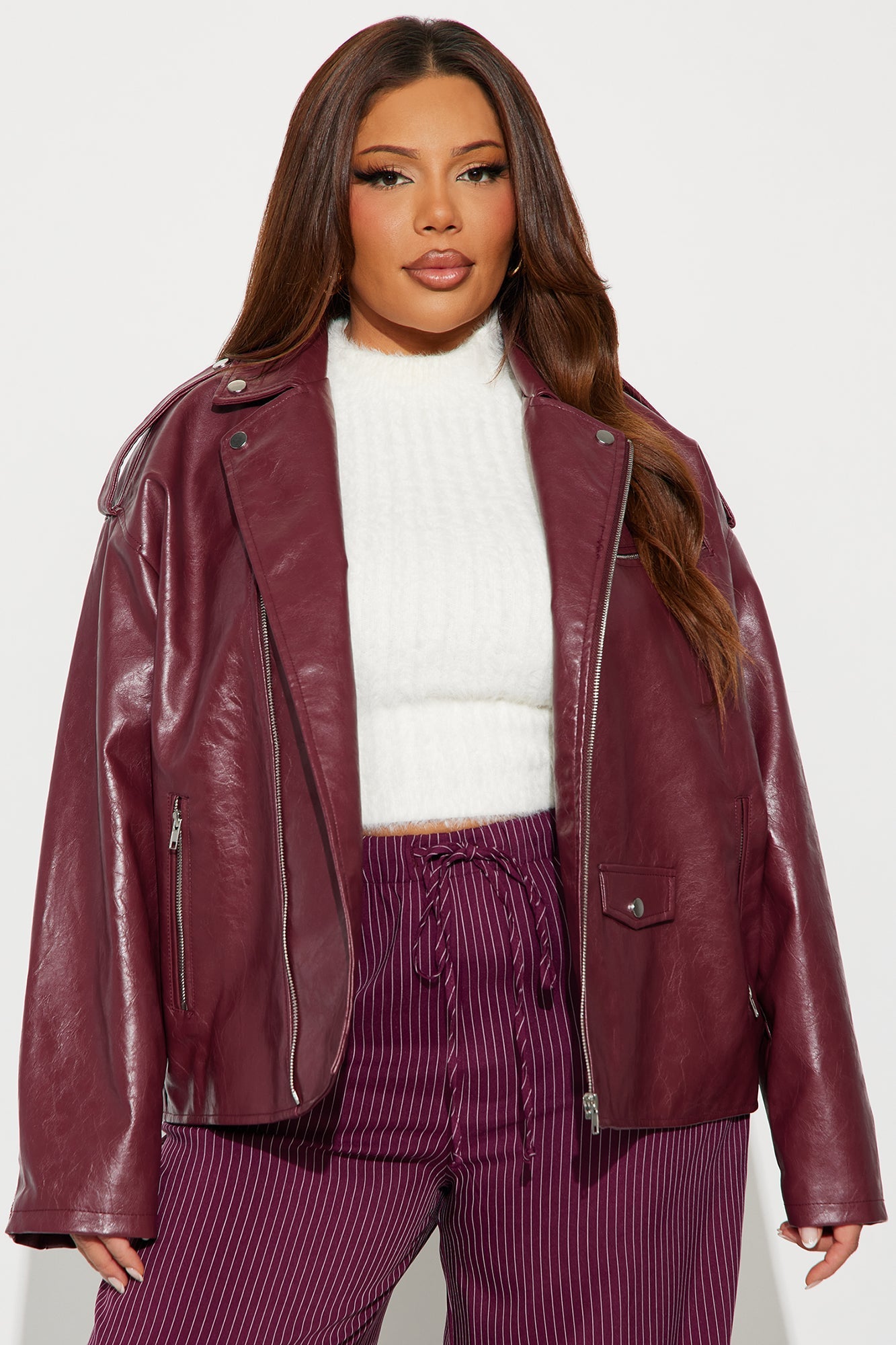 Higher Frequency Faux Leather Moto Jacket - Burgundy