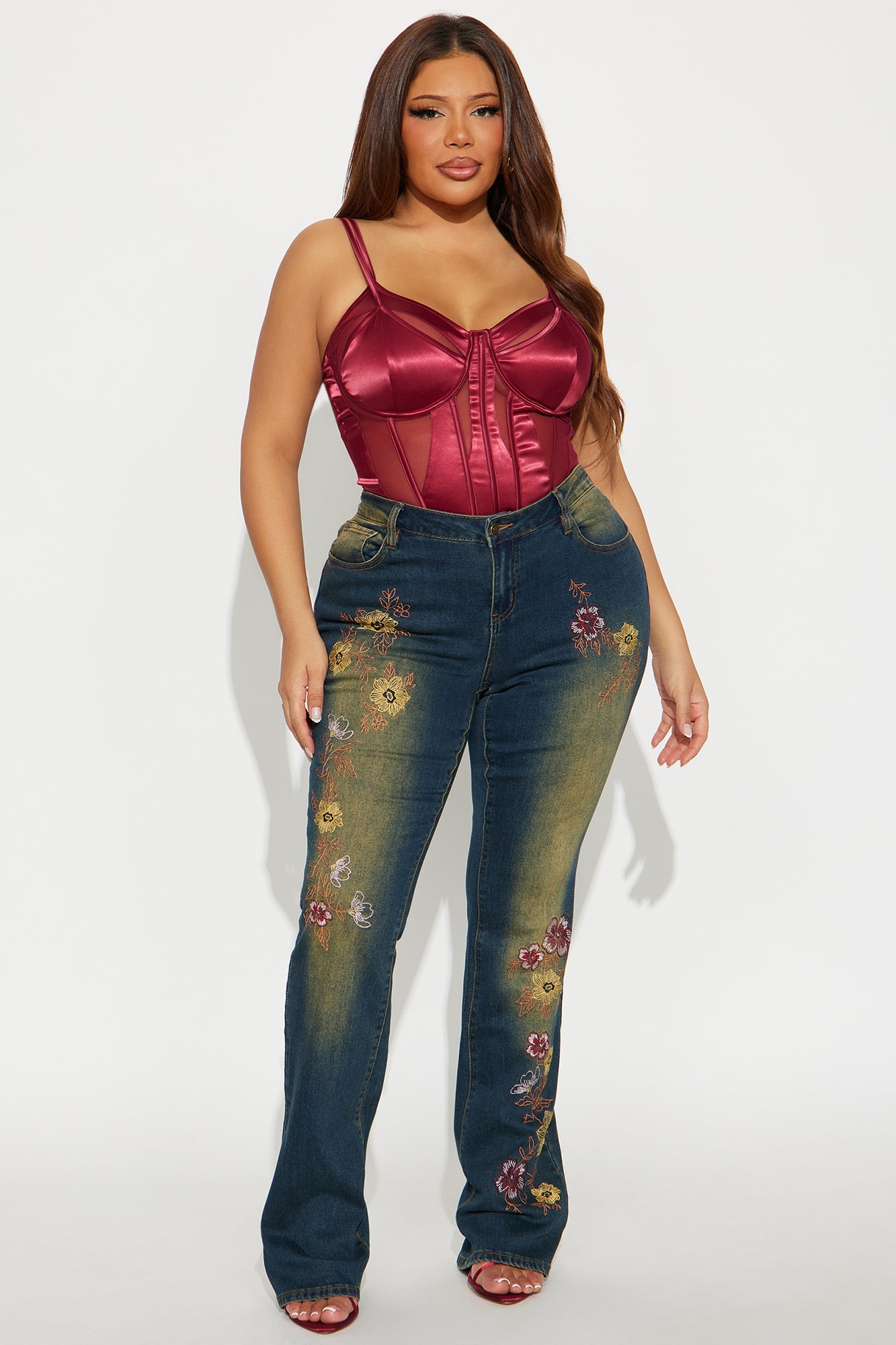 In Bloom Embroidered Low Rise Bootcut Jeans - Dark Wash