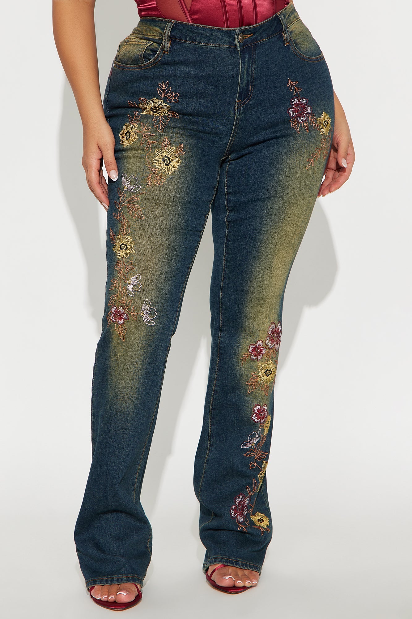 In Bloom Embroidered Low Rise Bootcut Jeans - Dark Wash