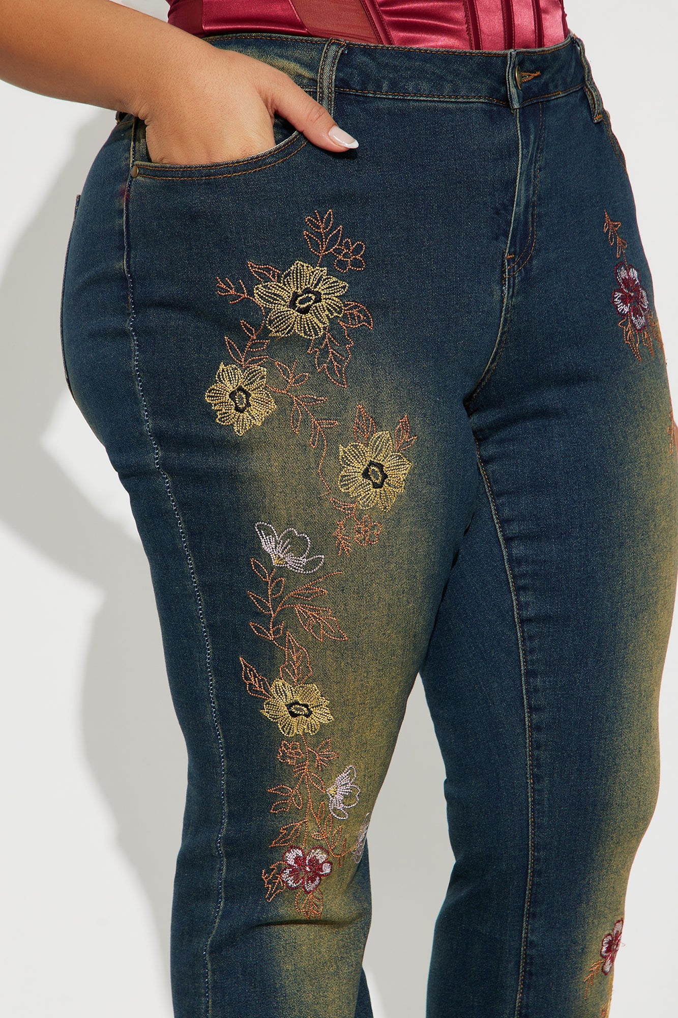 In Bloom Embroidered Low Rise Bootcut Jeans - Dark Wash