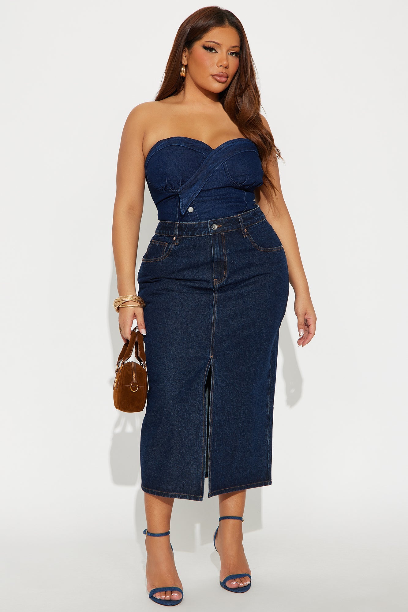Amanza Rinse Wash Denim Midi Skirt - Rinse Blue Wash
