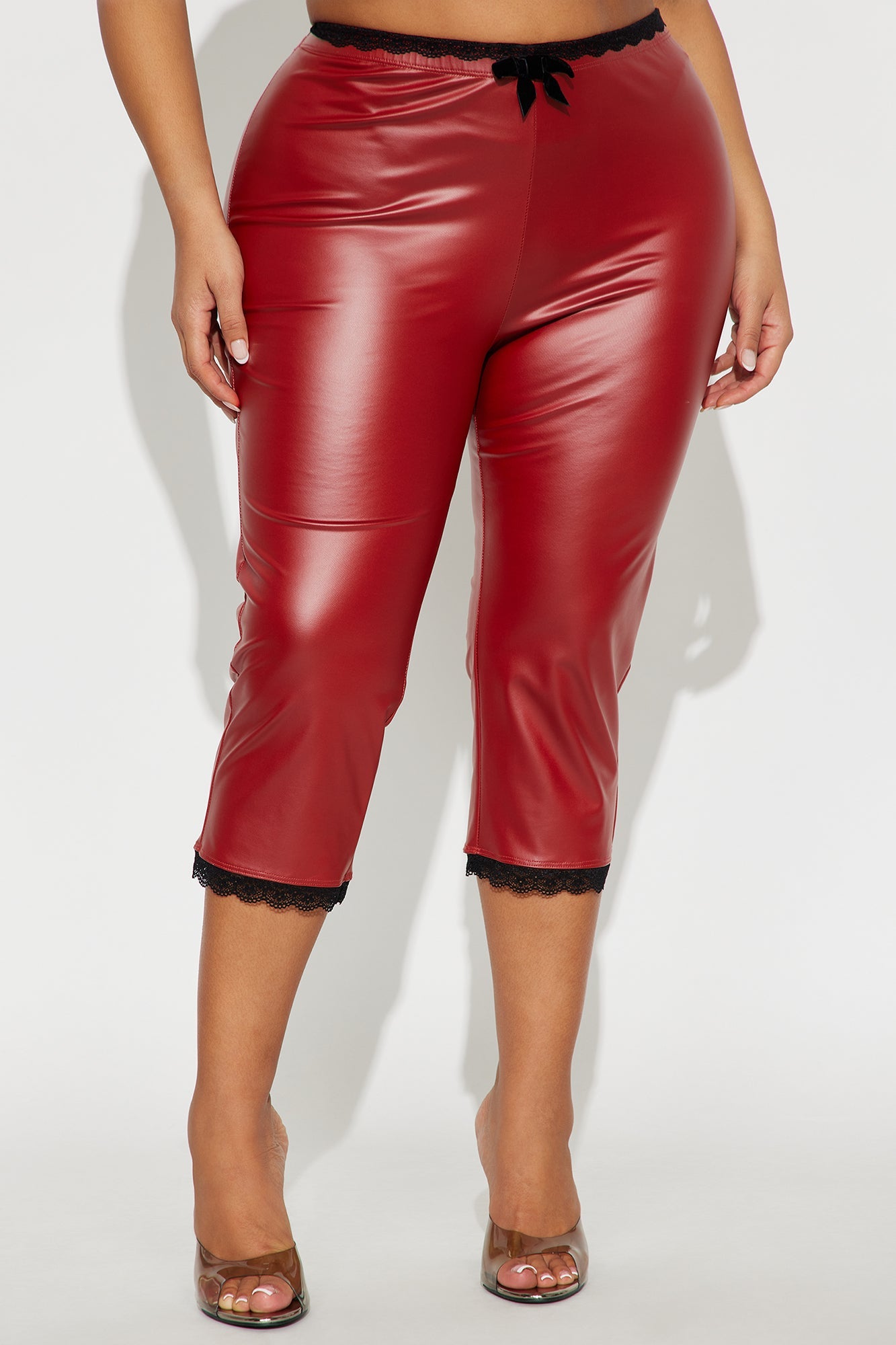 Valentina Faux Leather Lace Trim Capri Legging - Red