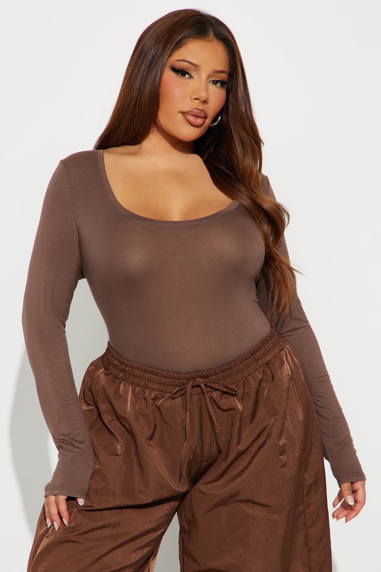 Marlene Scoop Neck Long Sleeve Bodysuit - Mocha