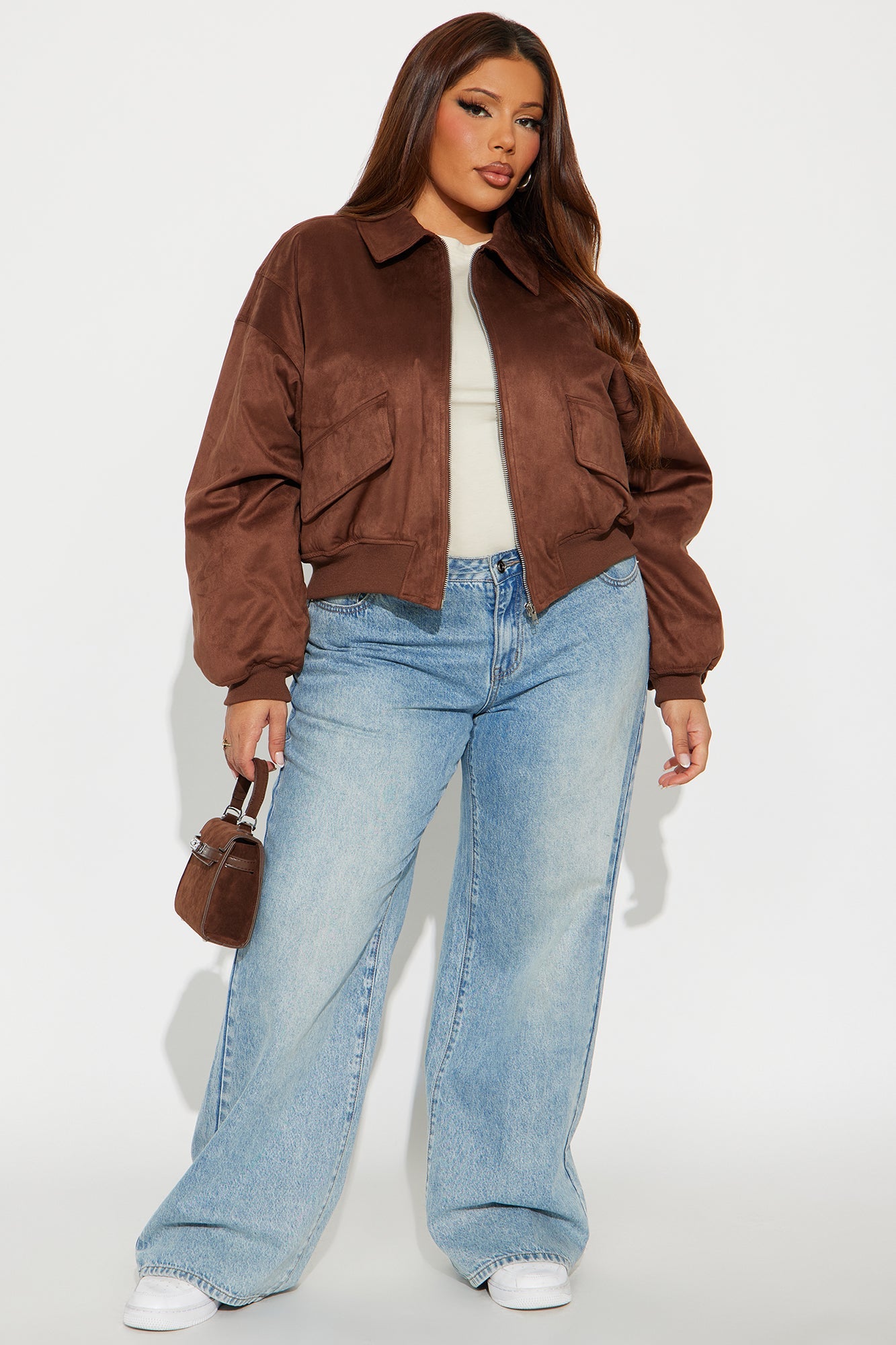 Jessica Cropped Faux Suede Bomber Jacket - Brown