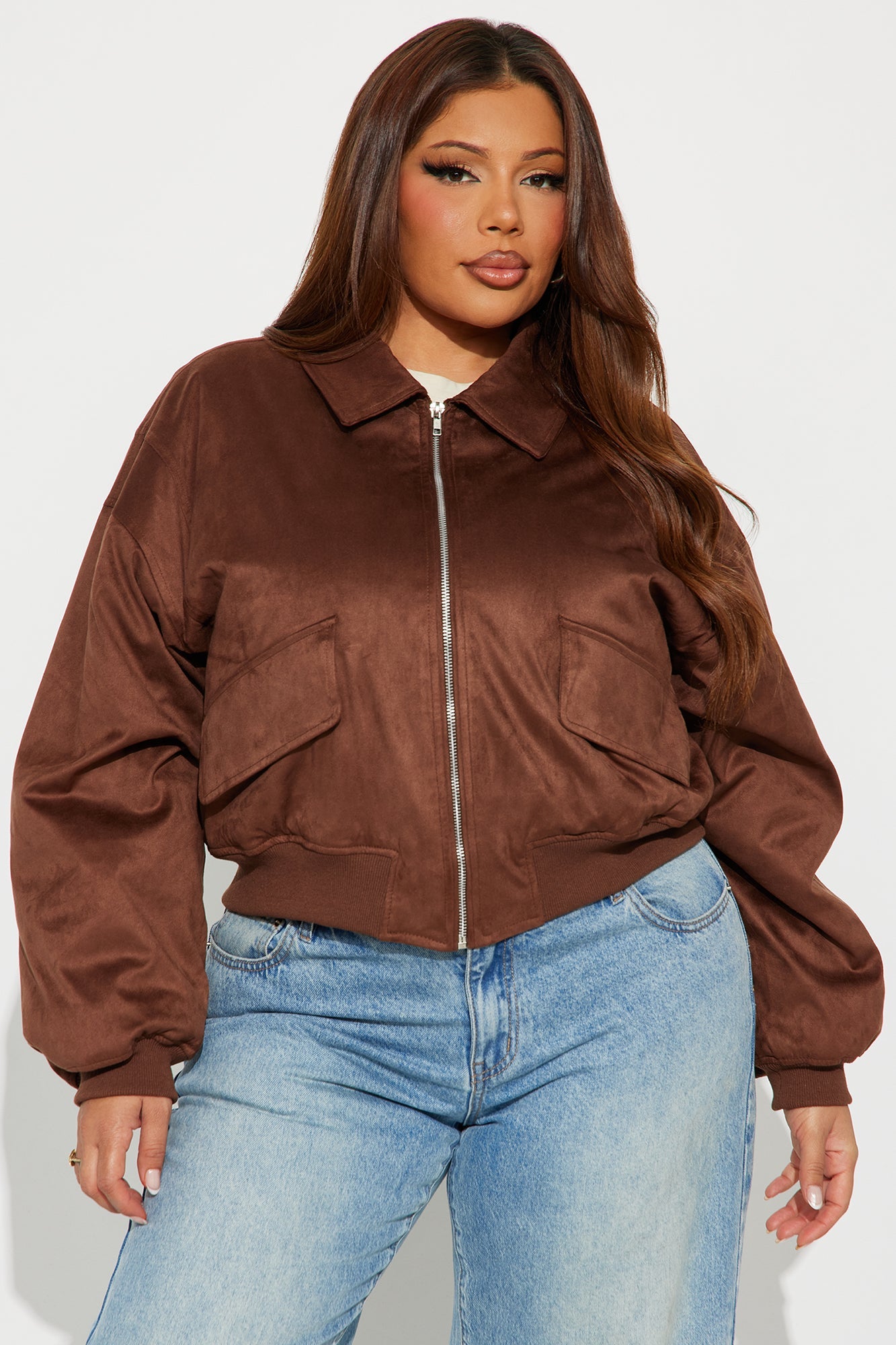 Jessica Cropped Faux Suede Bomber Jacket - Brown