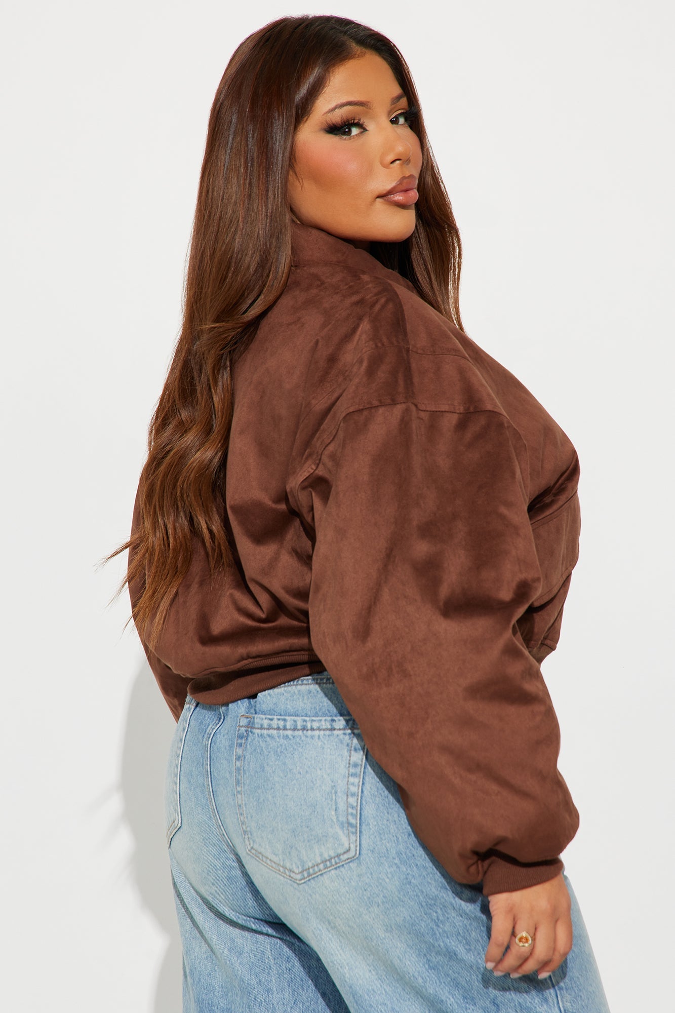 Jessica Cropped Faux Suede Bomber Jacket - Brown