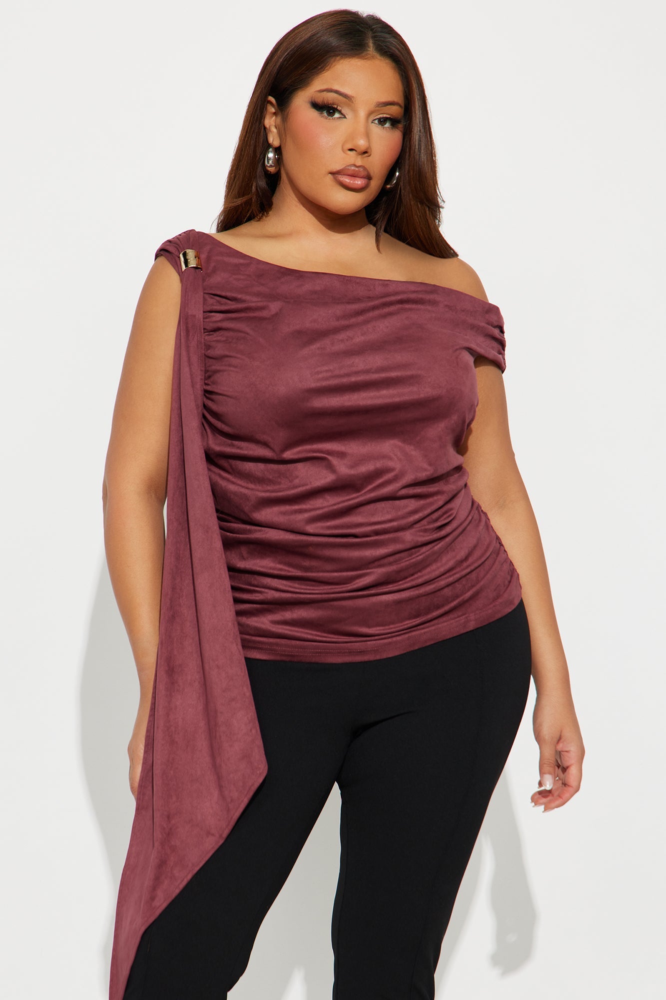 Club Classics Draped Faux Suede Top - Burgundy