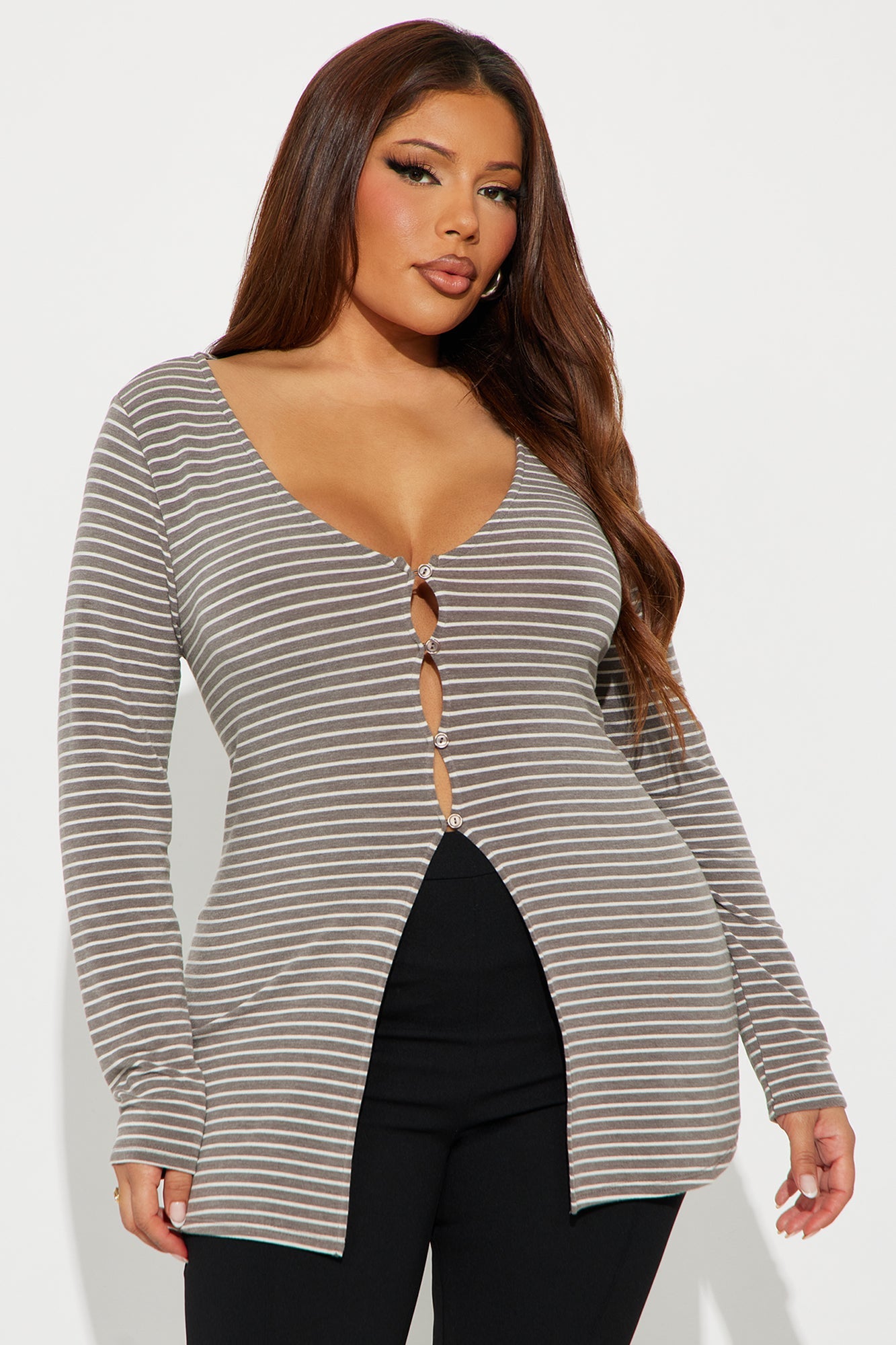 Susan Striped Button Up Long Sleeve Top - Olive/combo