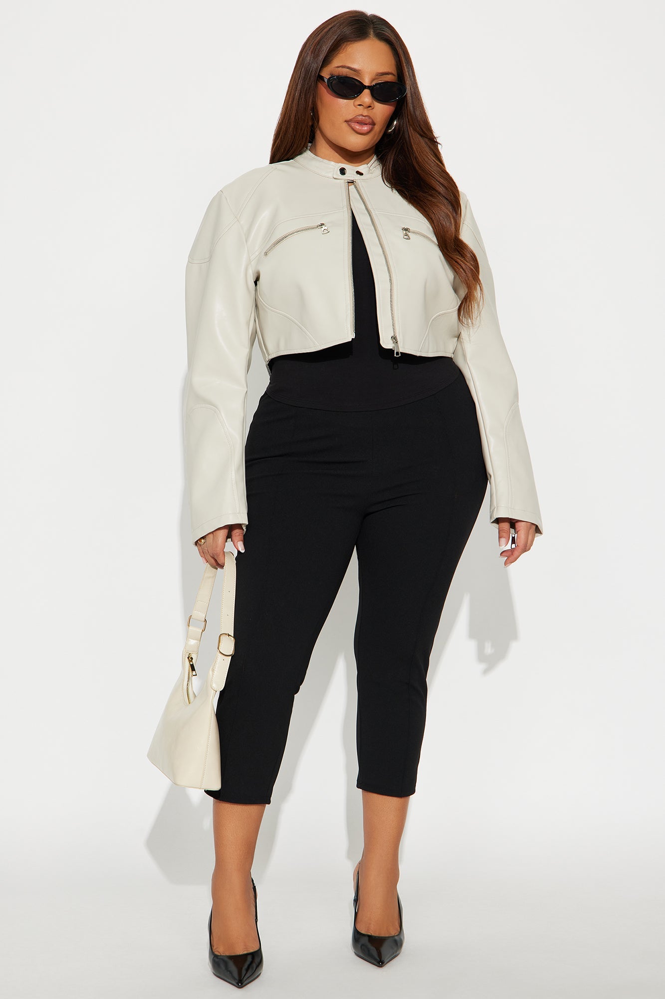 Mina Cropped Faux Leather Moto Jacket - Light Grey