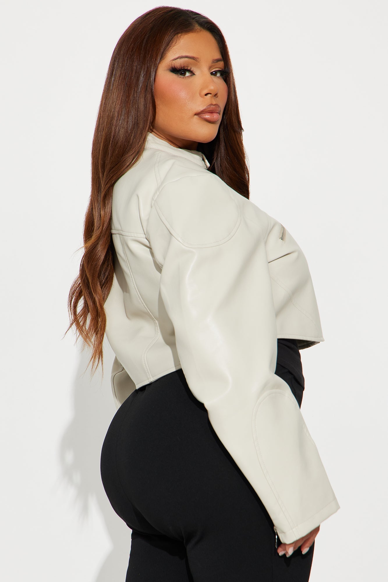 Mina Cropped Faux Leather Moto Jacket - Light Grey