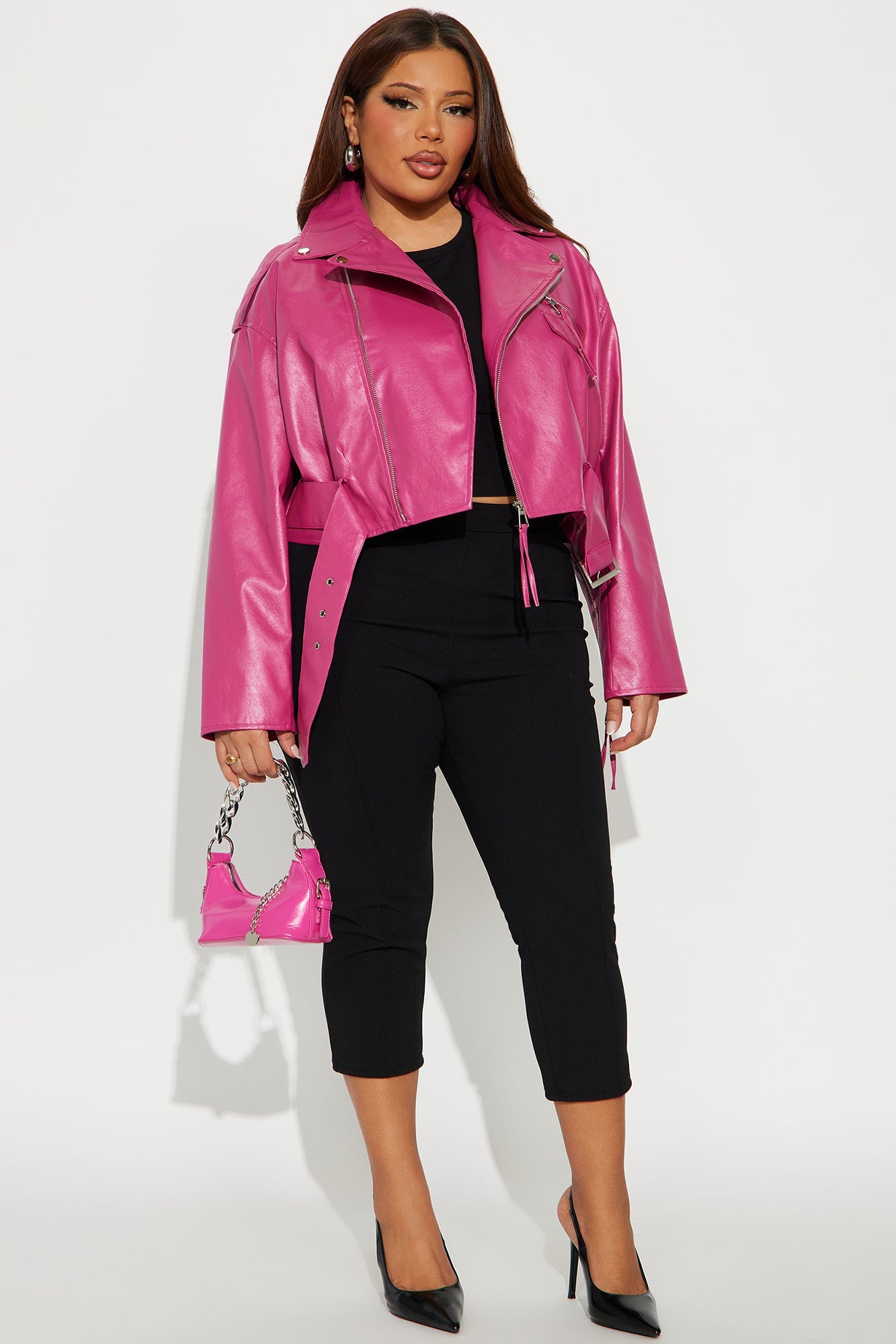 Truth Or Dare Cropped Faux Leather Moto Jacket - Hot Pink