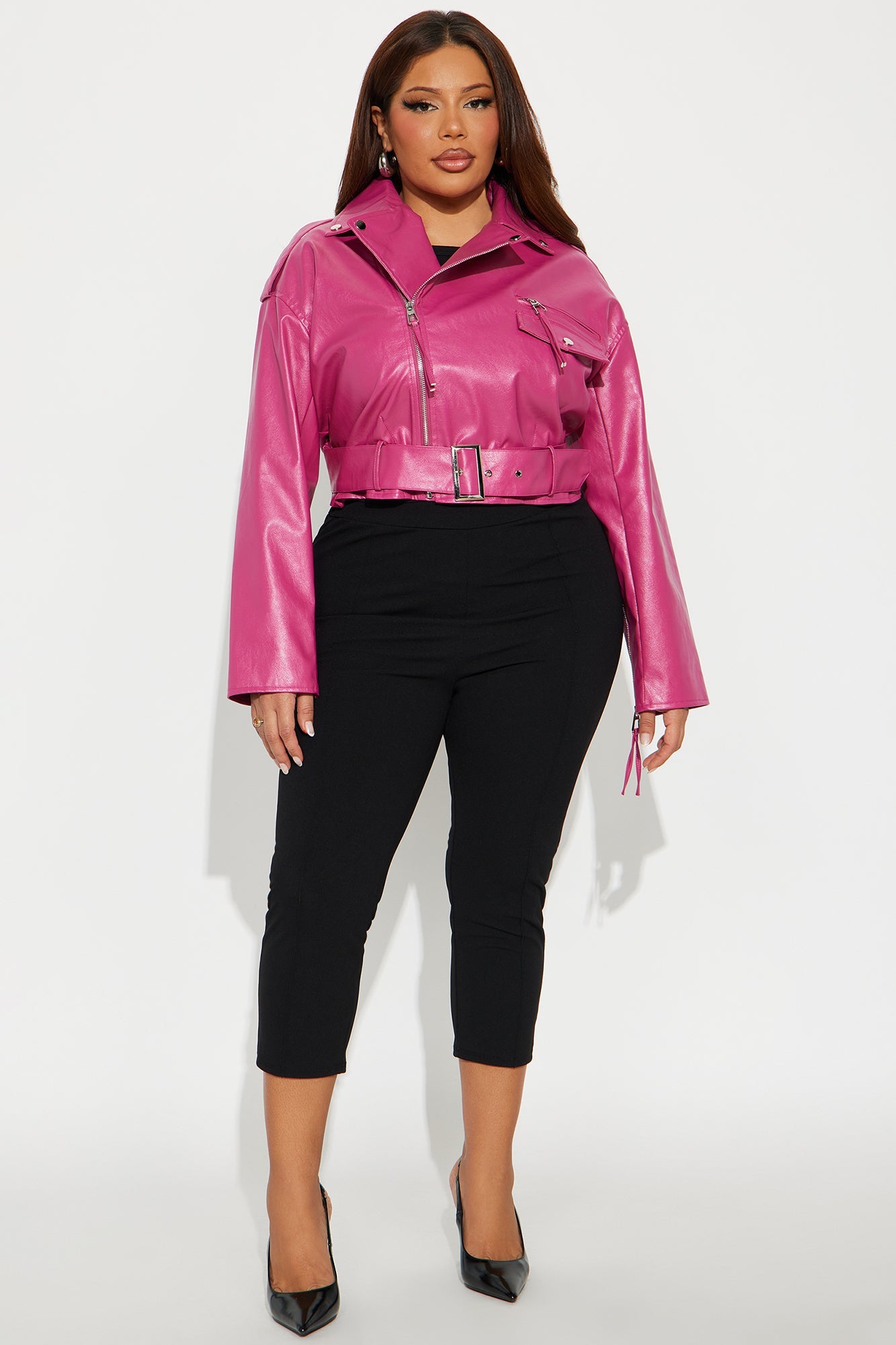 Truth Or Dare Cropped Faux Leather Moto Jacket - Hot Pink
