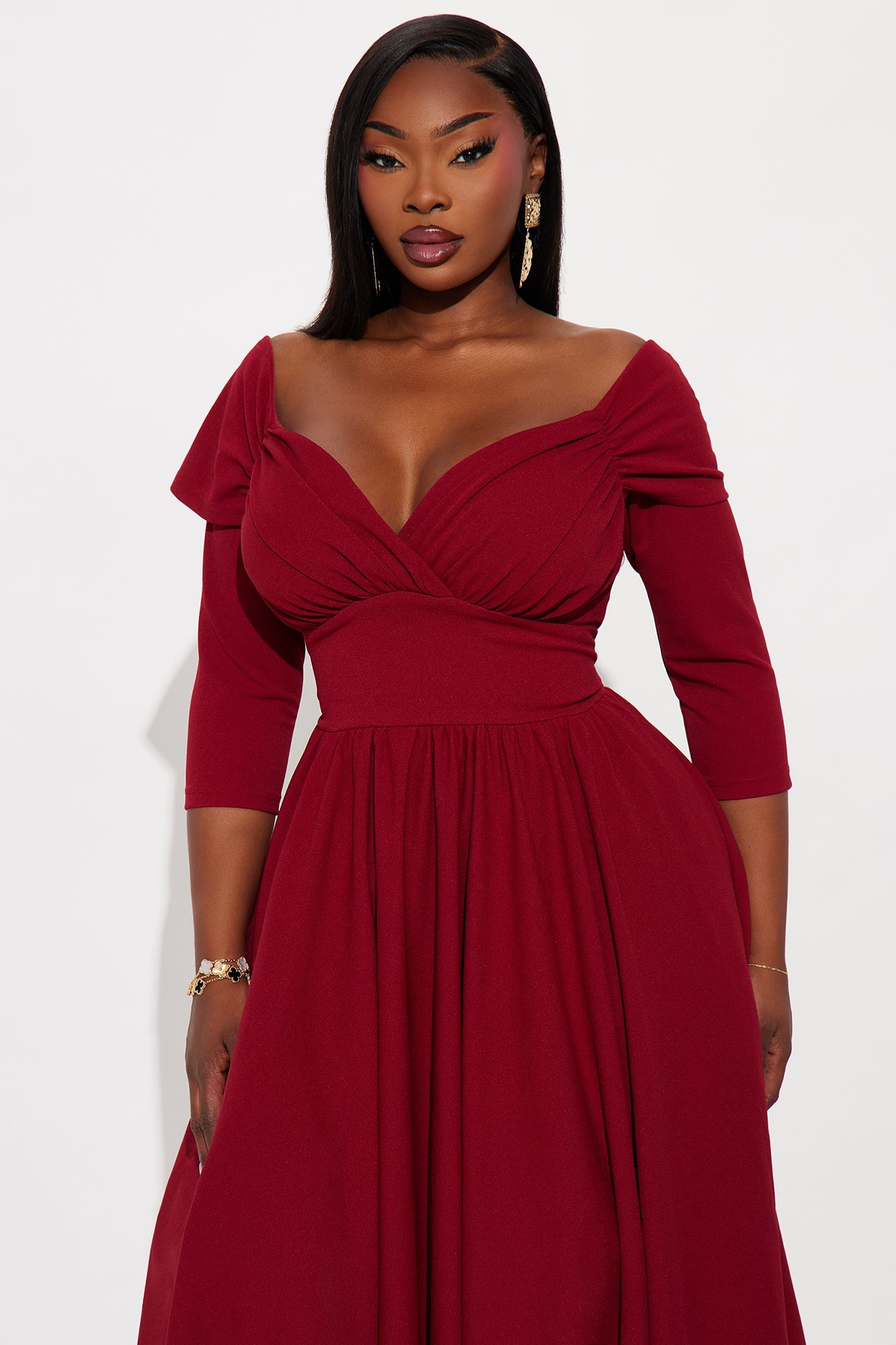 Abby Off Shoulder Crepe Knit Midi Dress - Wine