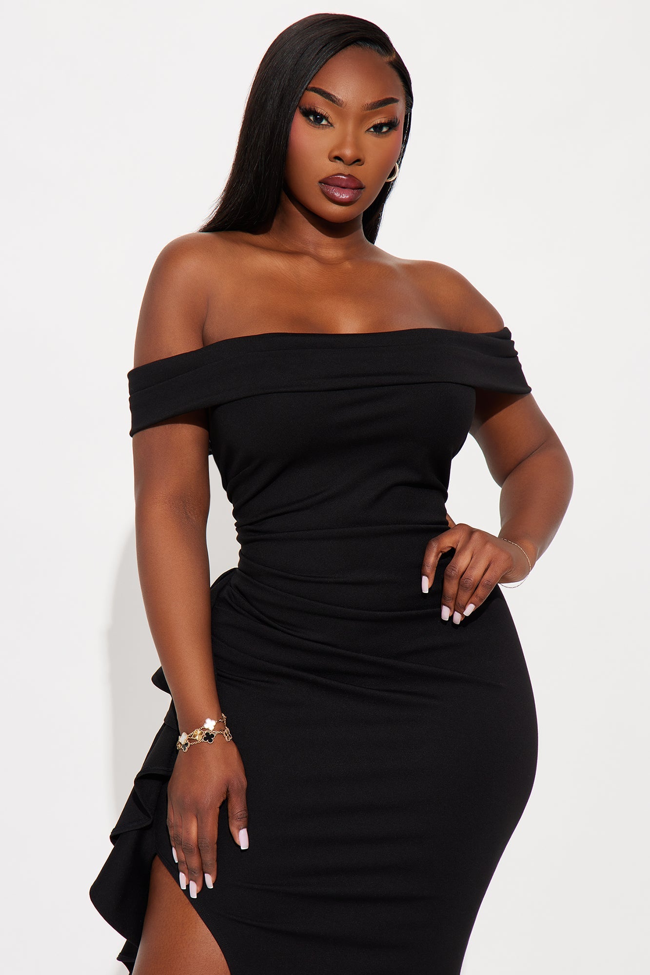 Jeanne Off Shoulder Ponte Midi Dress - Black