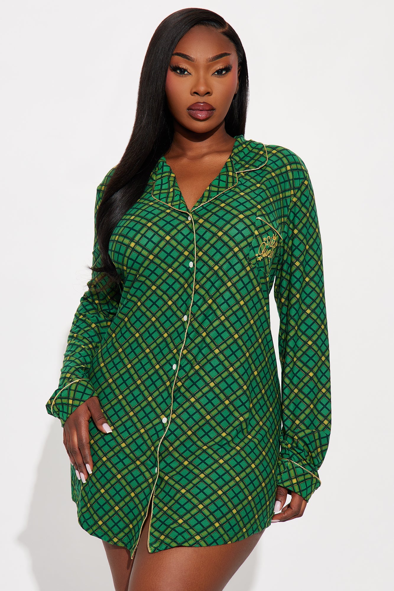 Sleep Queen Embroidered Glitter Long Sleeve PJ Sleep Shirt - Green