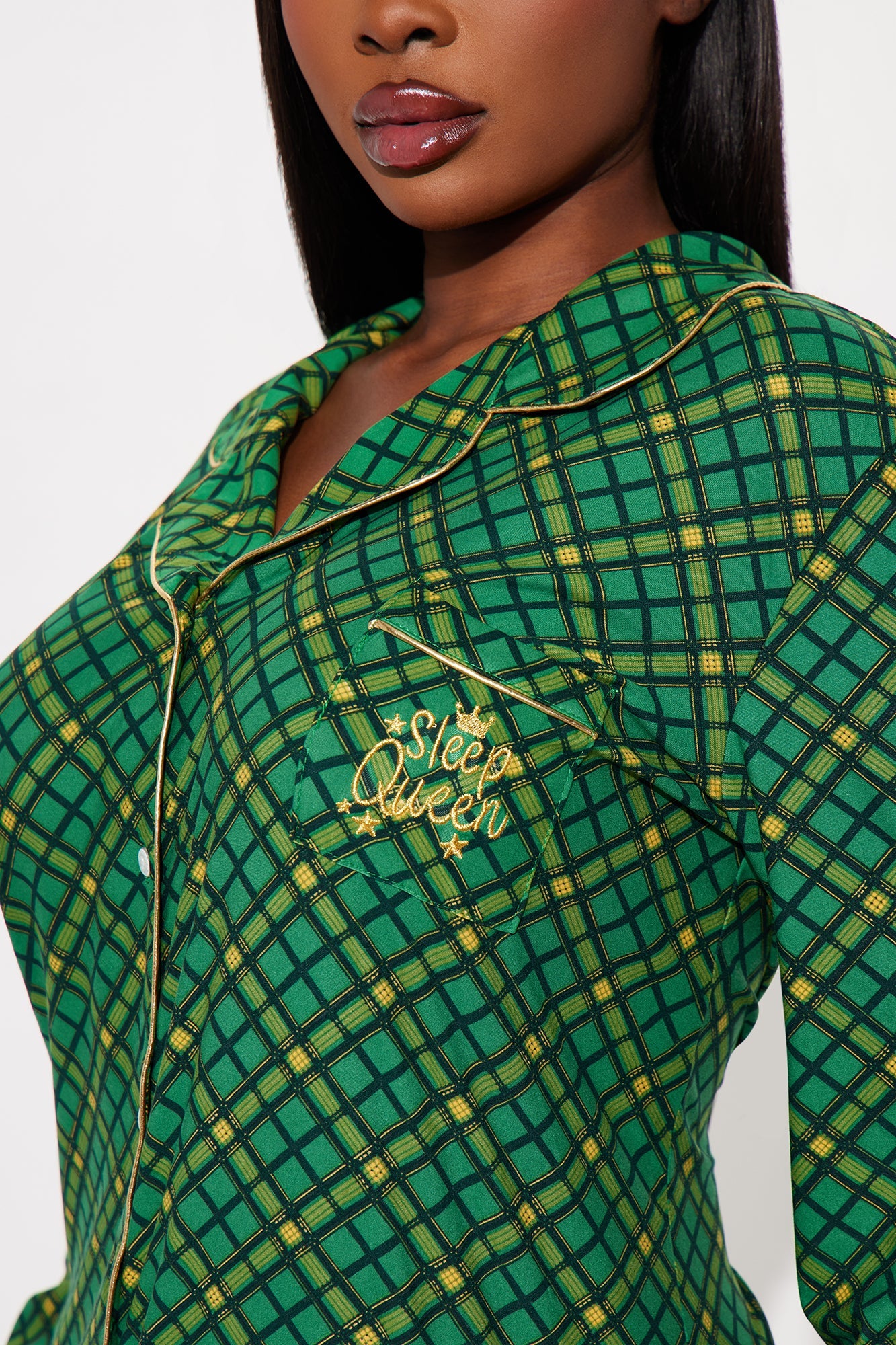 Sleep Queen Embroidered Glitter Long Sleeve PJ Sleep Shirt - Green