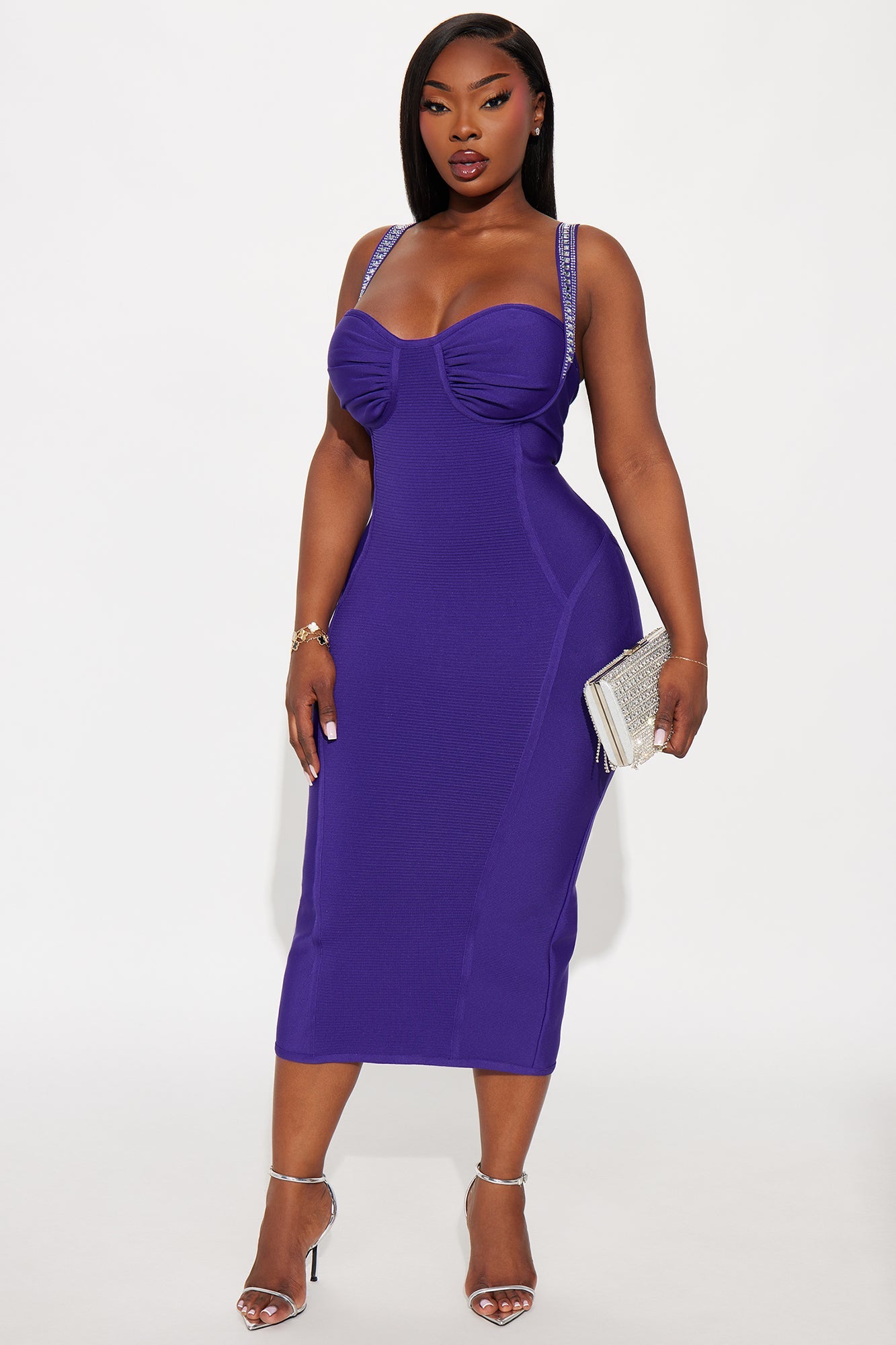 Show Stopper Rhinestone Embellished Bandage Midi Dress - Indigo