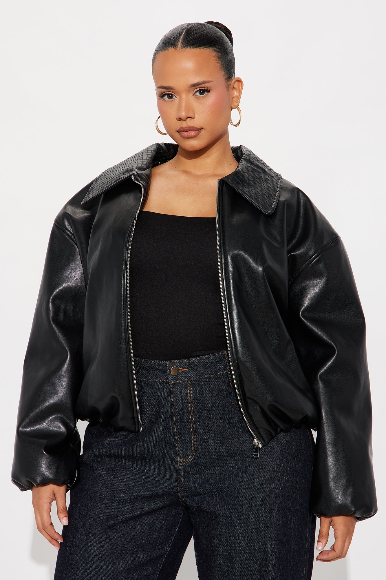 Haylee Faux Leather Bomber Jacket - Black