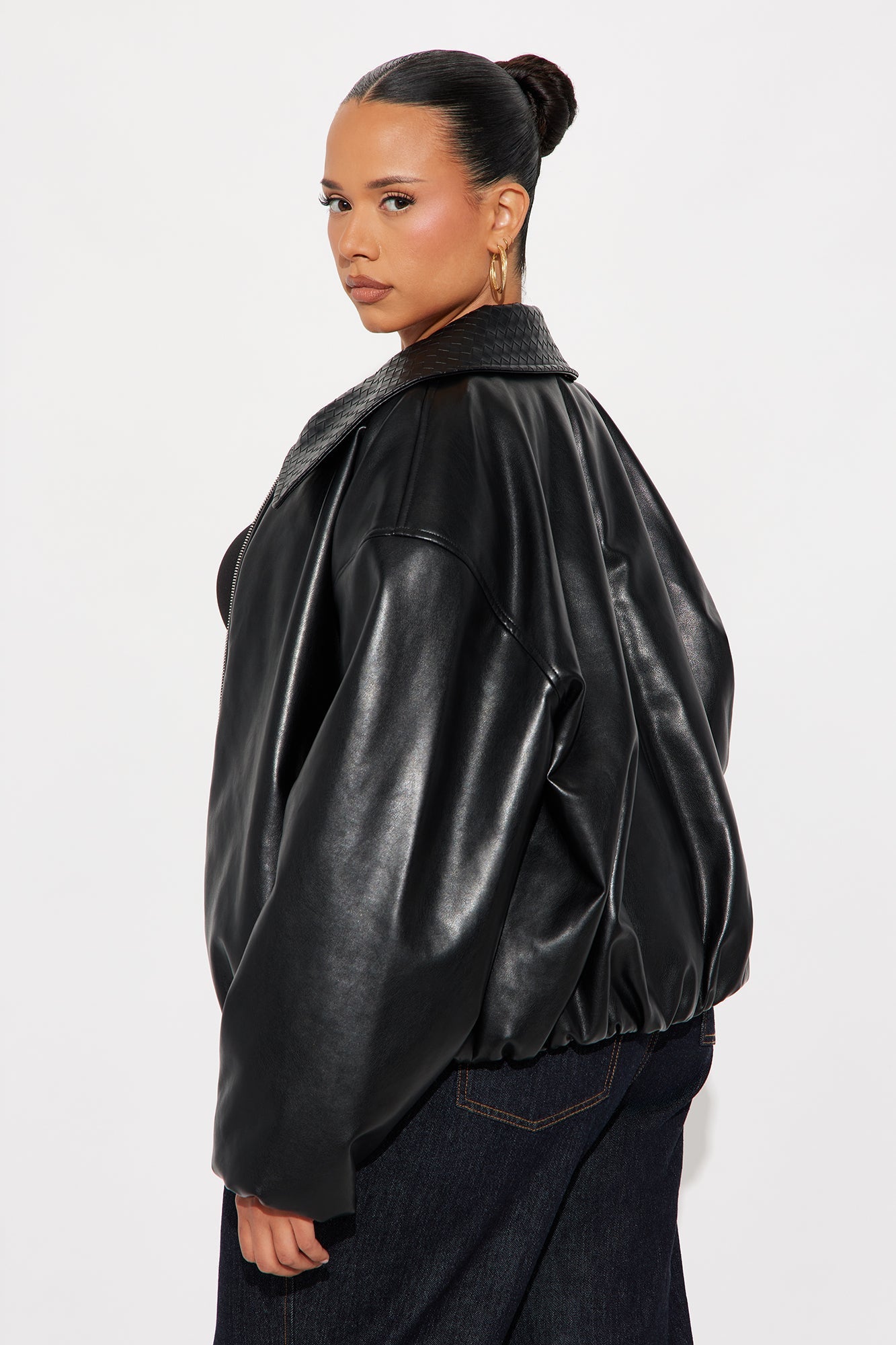 Haylee Faux Leather Bomber Jacket - Black