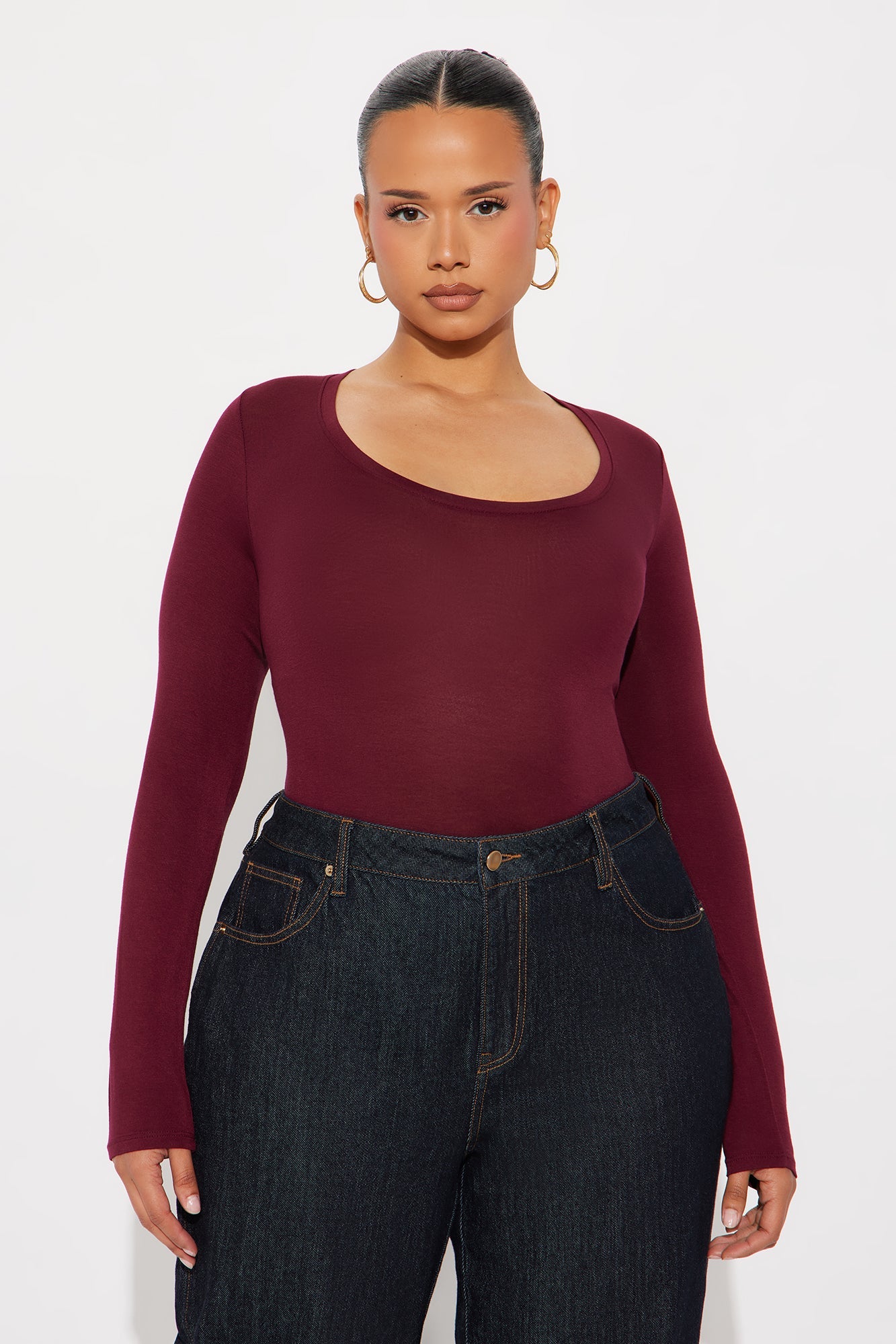 Marlene Scoop Neck Long Sleeve Bodysuit - Burgundy