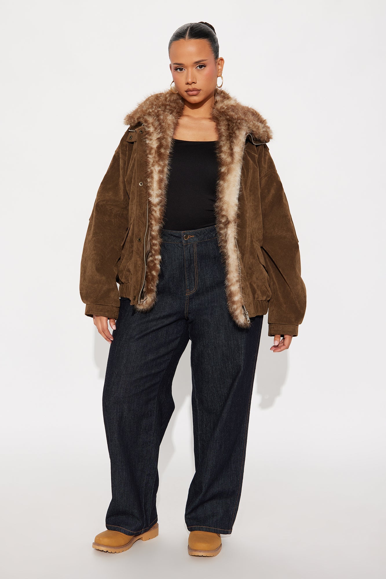 No Closure Faux Suede Oversized Jacket - Brown