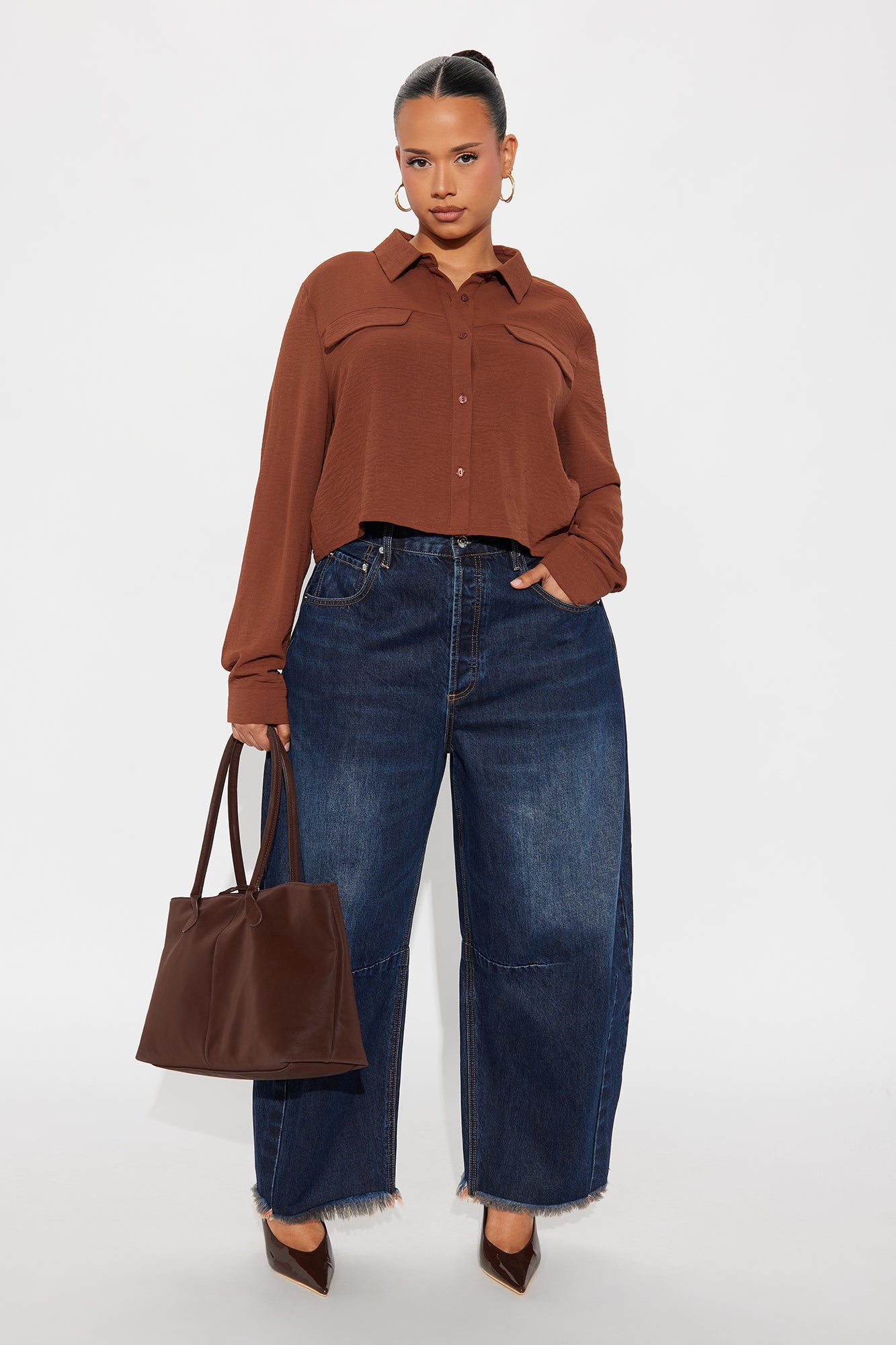 Allie Cropped Airflow Shirt - Brown