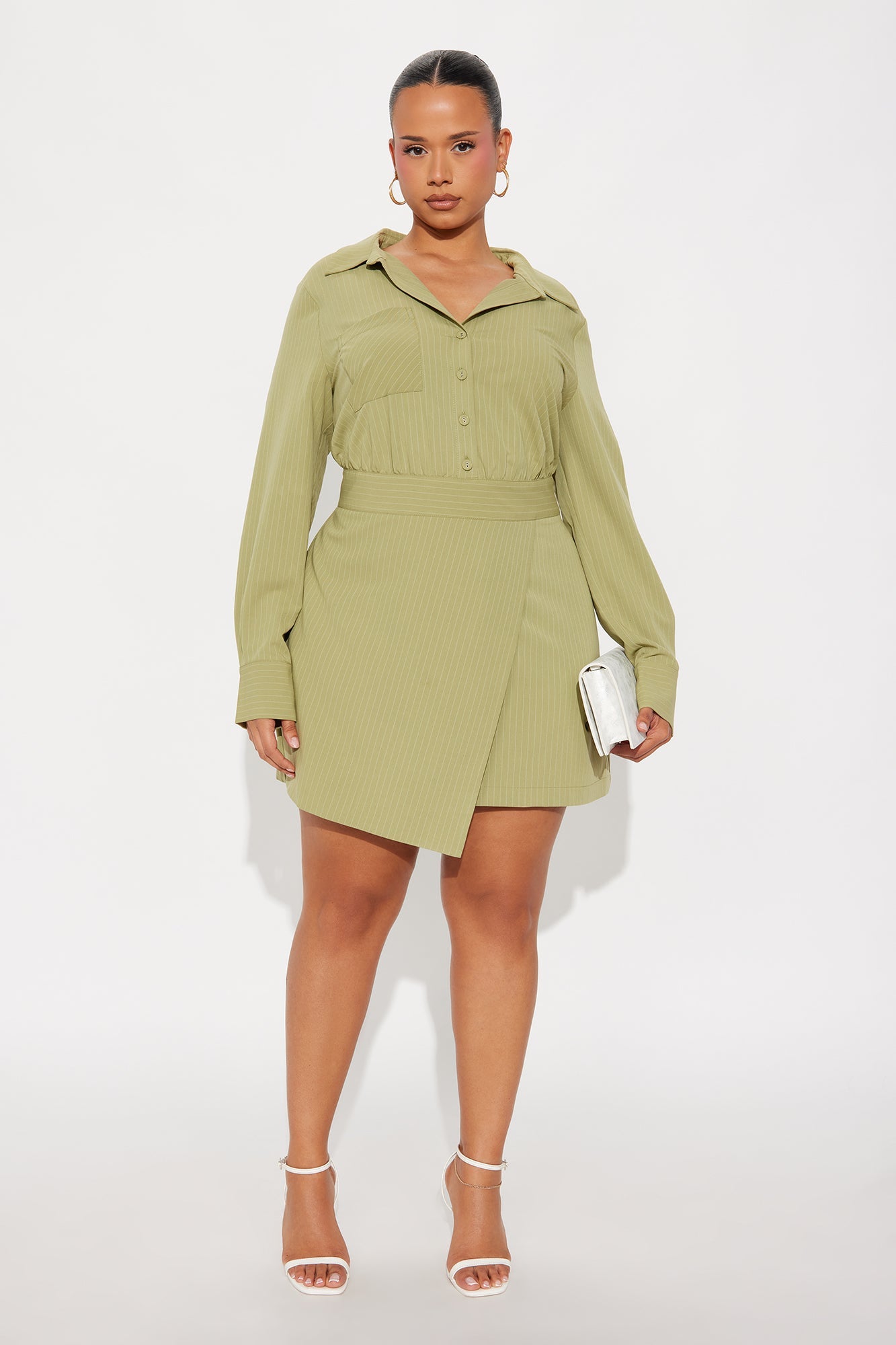 Full Schedule Pinstripe Mini Dress - Sage