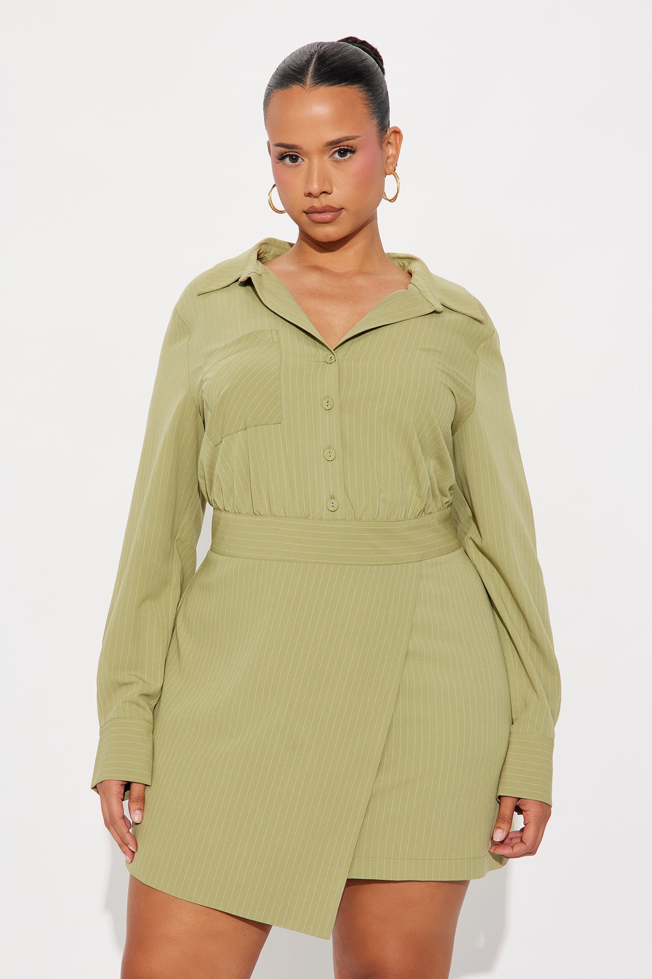 Full Schedule Pinstripe Mini Dress - Sage