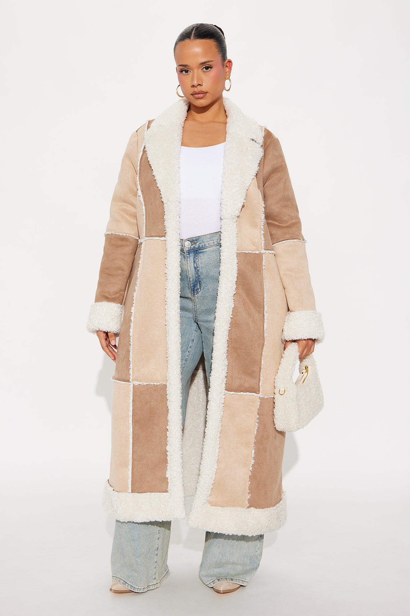 Sasha Patchwork Faux Suede Coat - Brown/combo