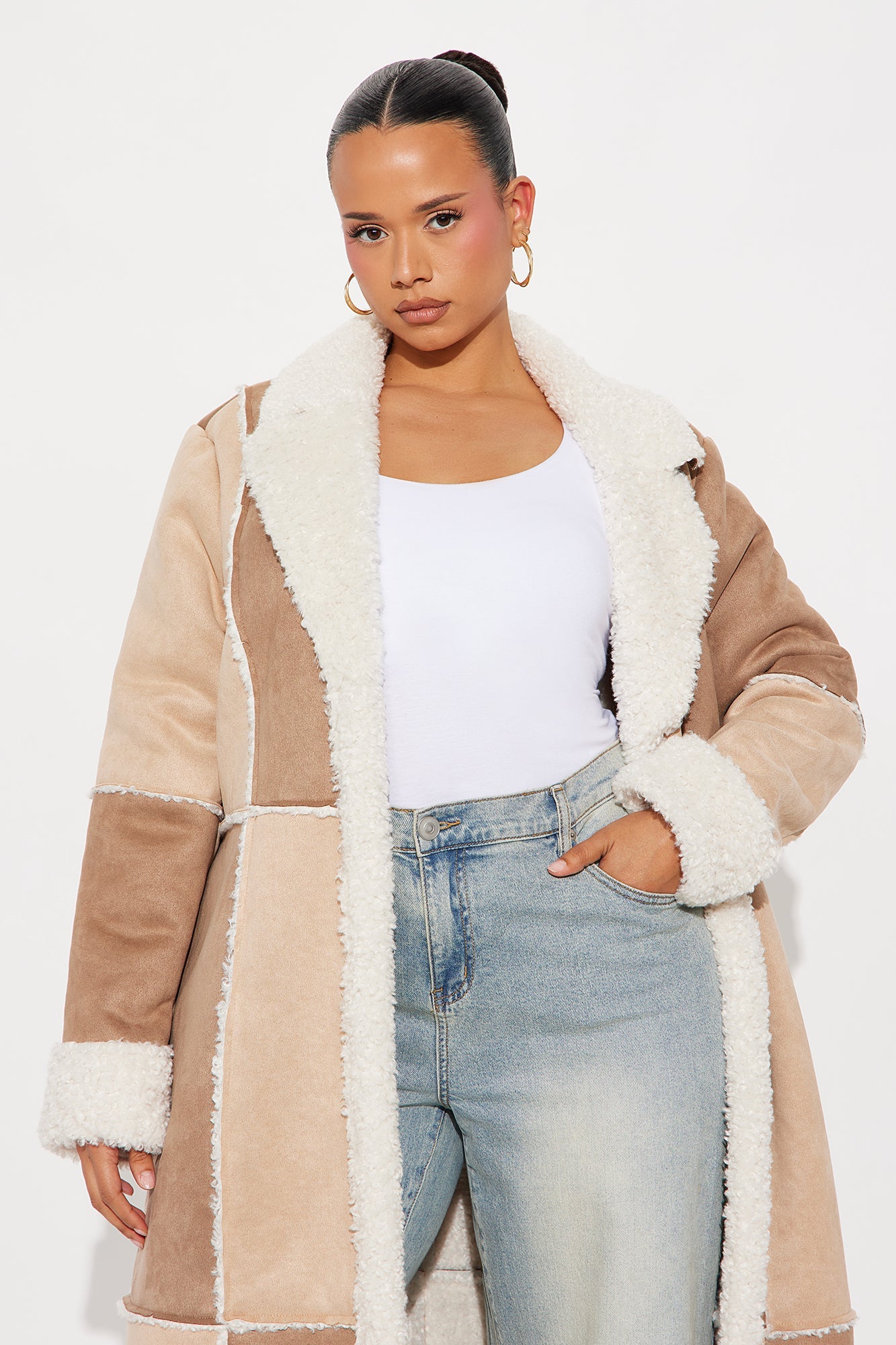 Sasha Patchwork Faux Suede Coat - Brown/combo