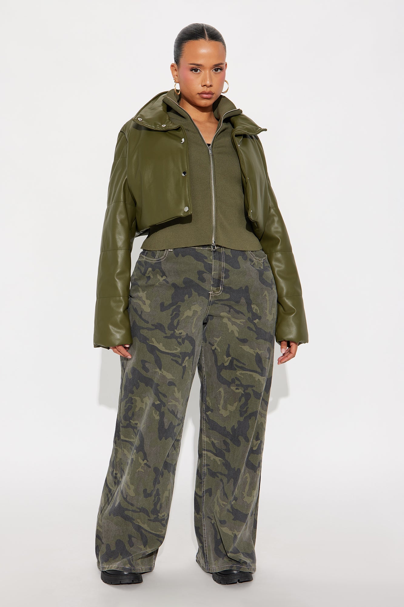 Demi Faux Leather Puffer Jacket - Olive