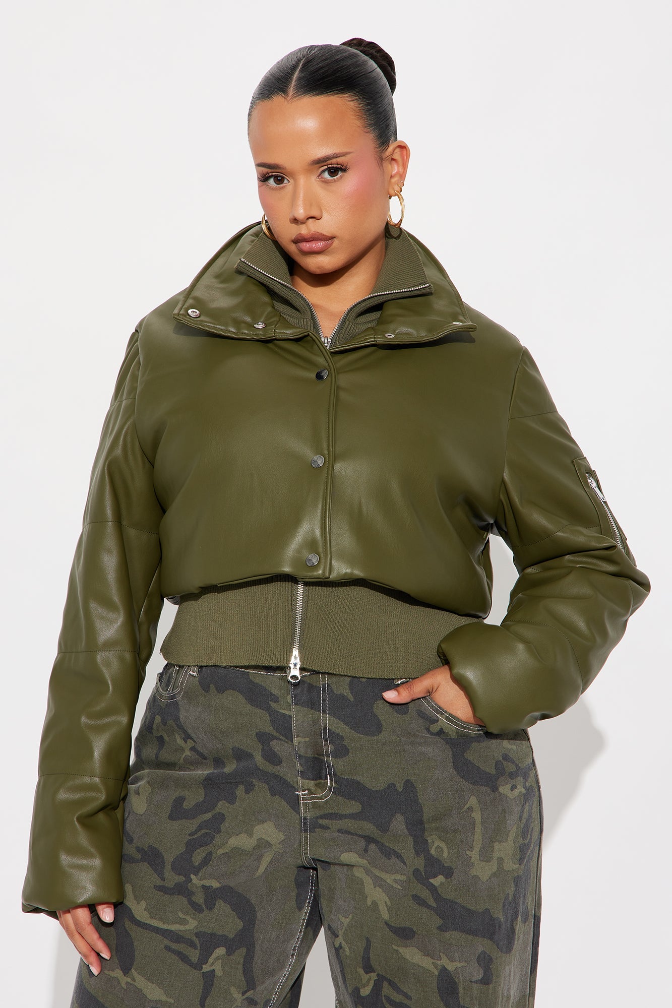Demi Faux Leather Puffer Jacket - Olive