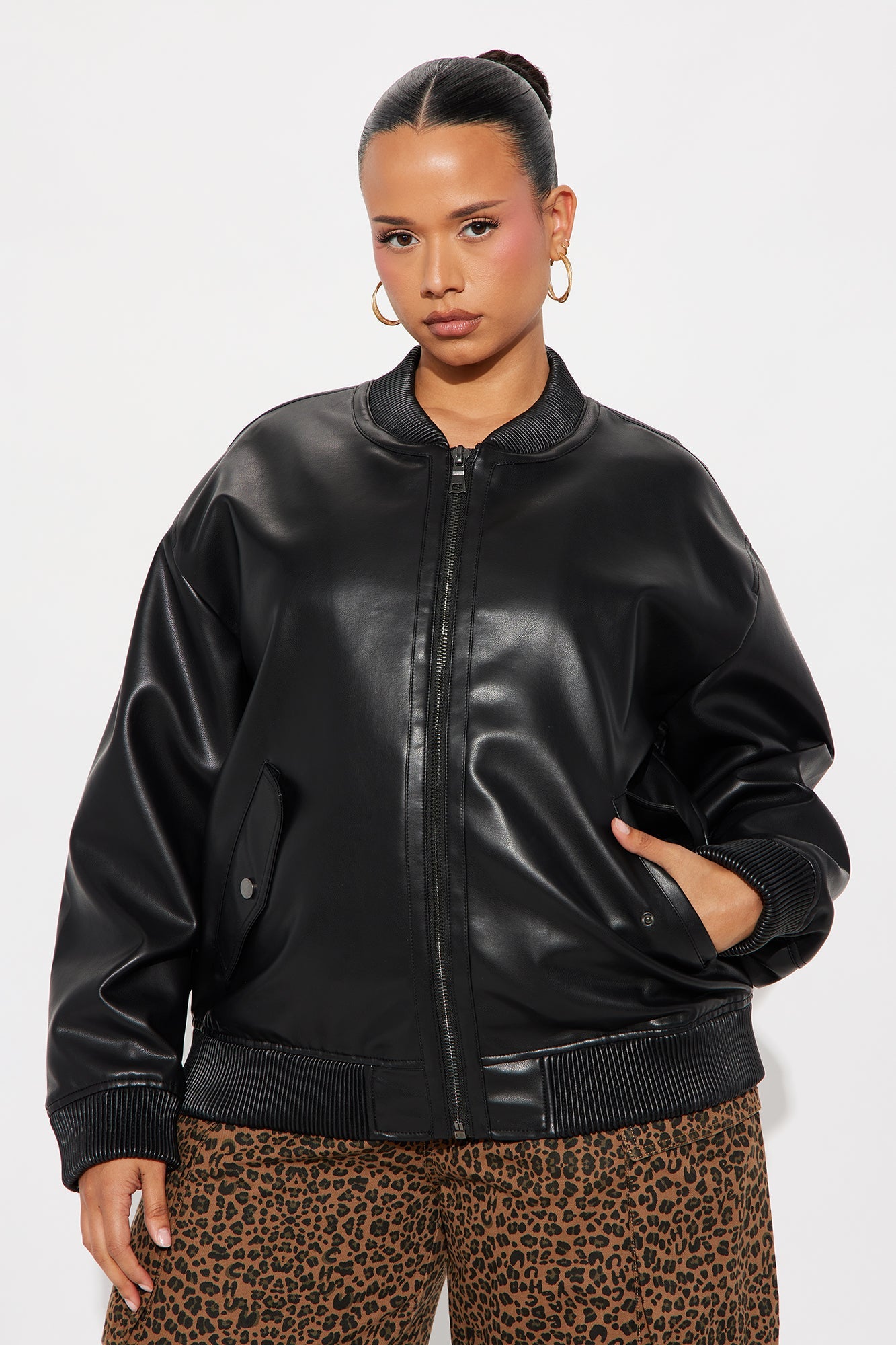 Gabrielle Faux Leather Bomber Jacket - Black