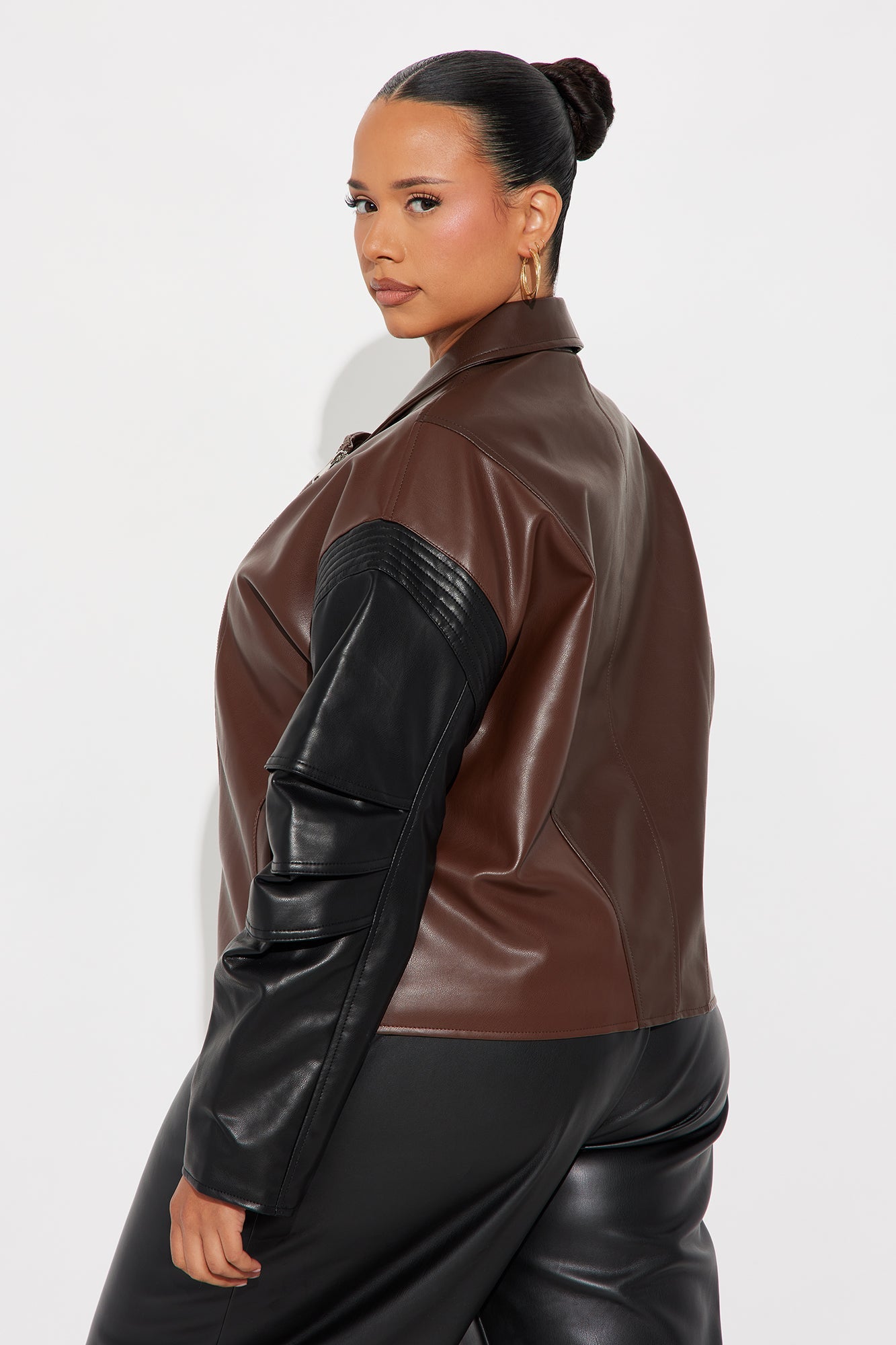 Bet On Me Oversized Faux Leather Moto Jacket - Brown/combo
