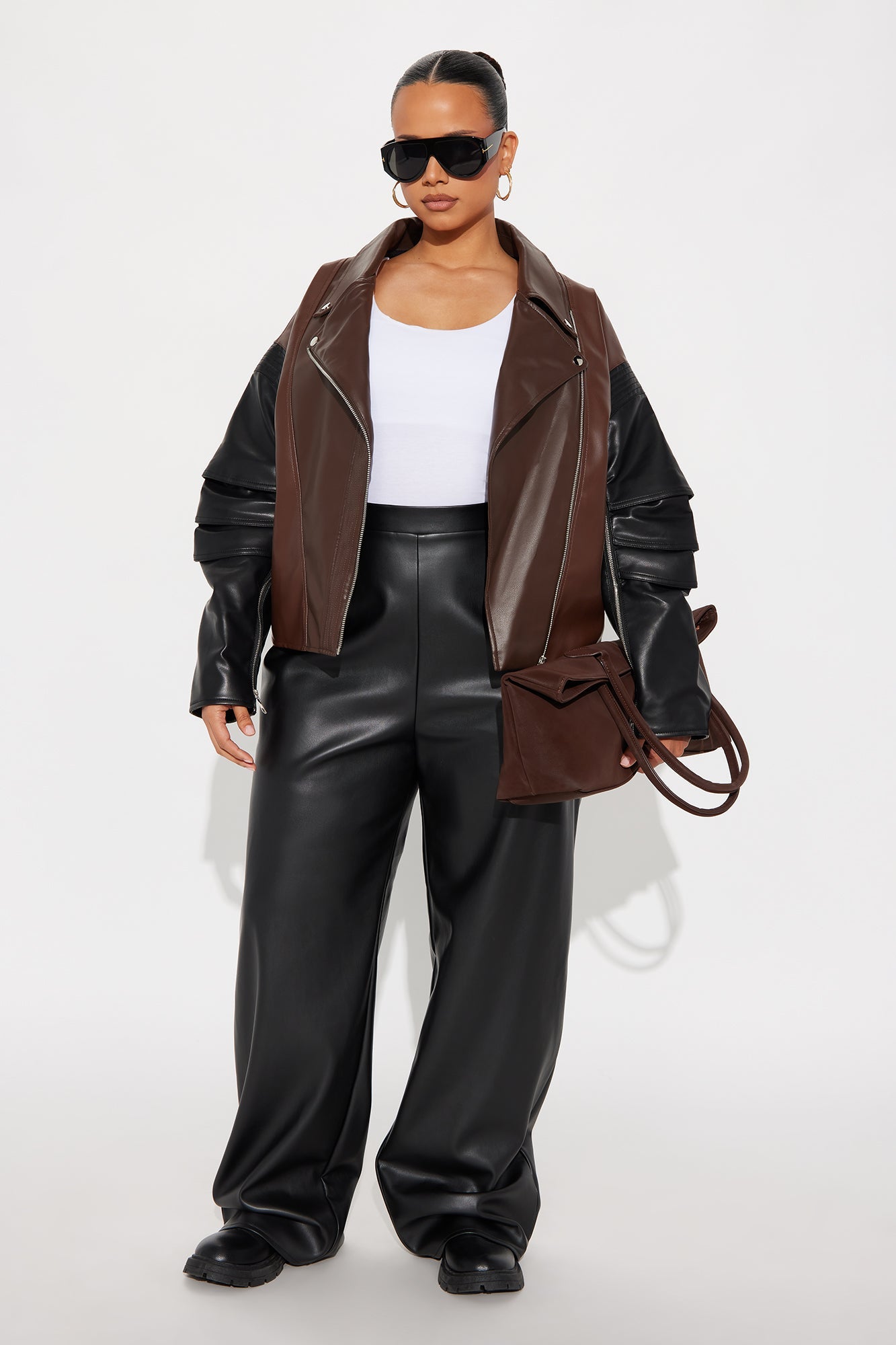 Bet On Me Oversized Faux Leather Moto Jacket - Brown/combo