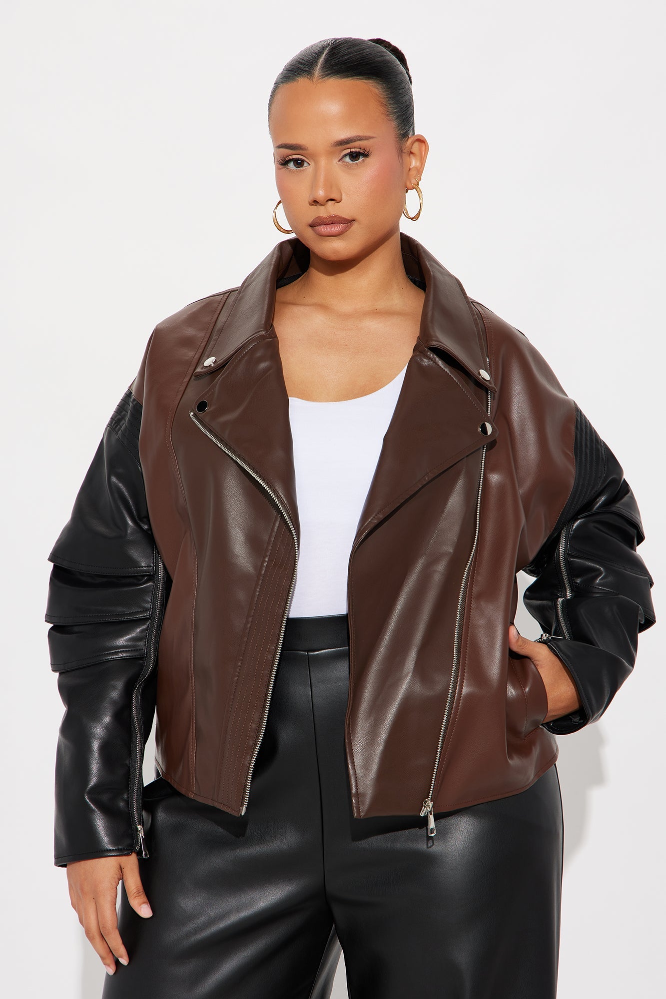 Bet On Me Oversized Faux Leather Moto Jacket - Brown/combo