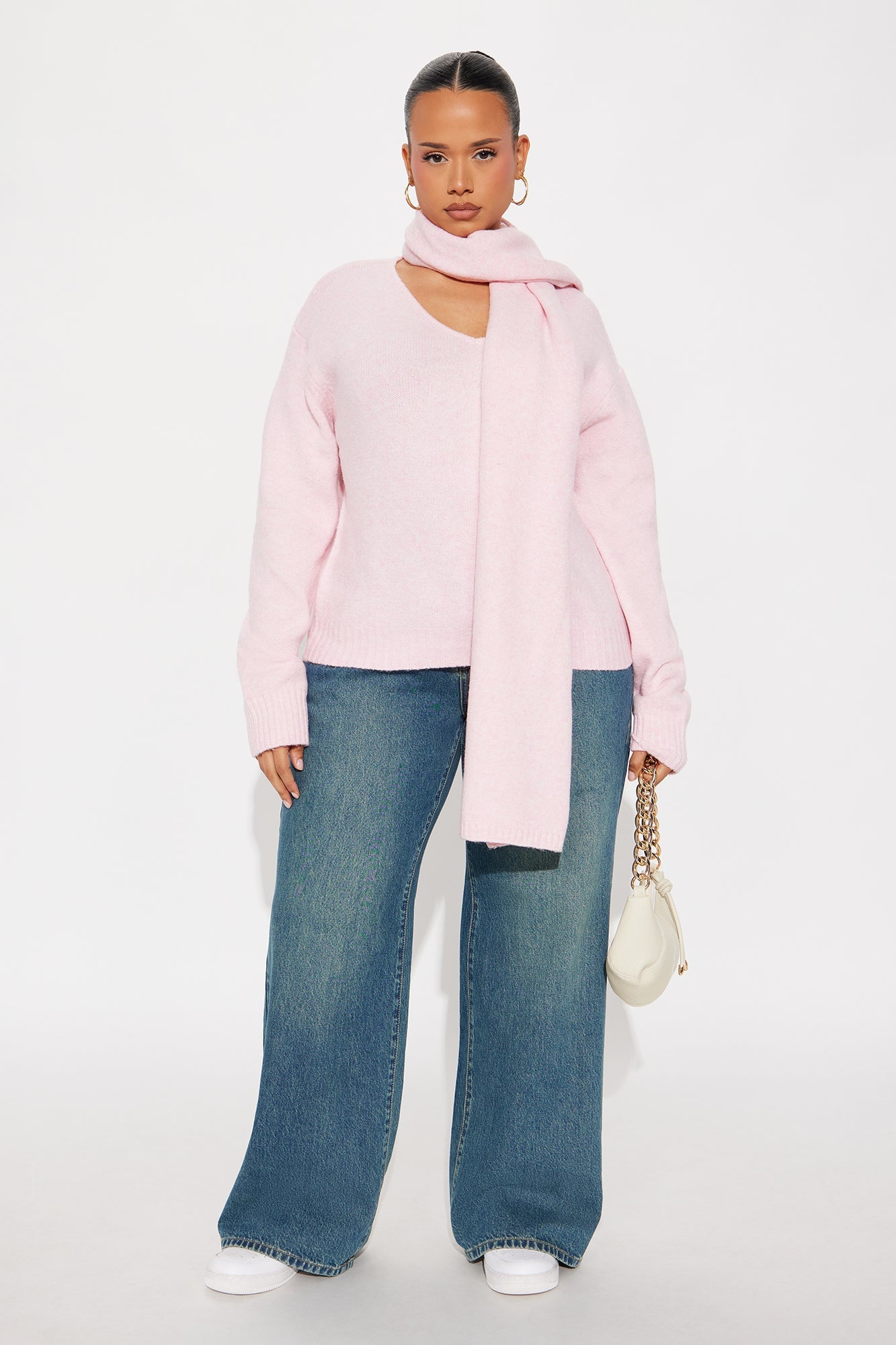 She's Golden 2 Piece Scarf Sweater Set - Pink