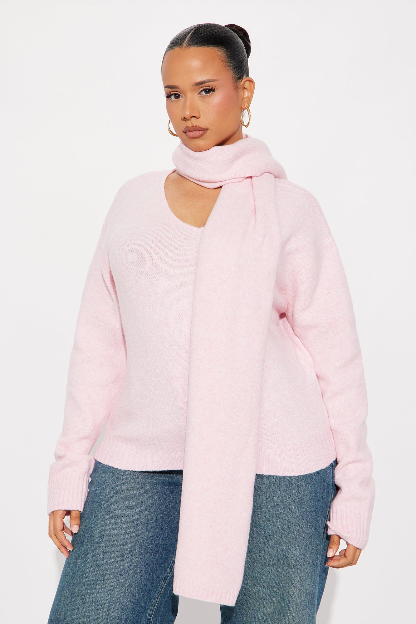 She's Golden 2 Piece Scarf Sweater Set - Pink