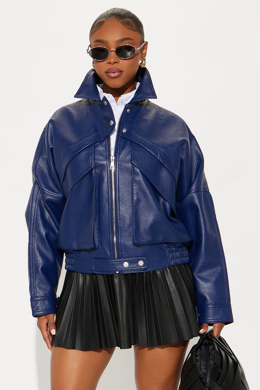 Your Loss Faux Leather Bomber Jacket - Blue