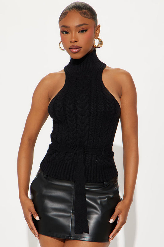 Sassy Soul Cable Knit Turtle Neck Sweater Top - Black