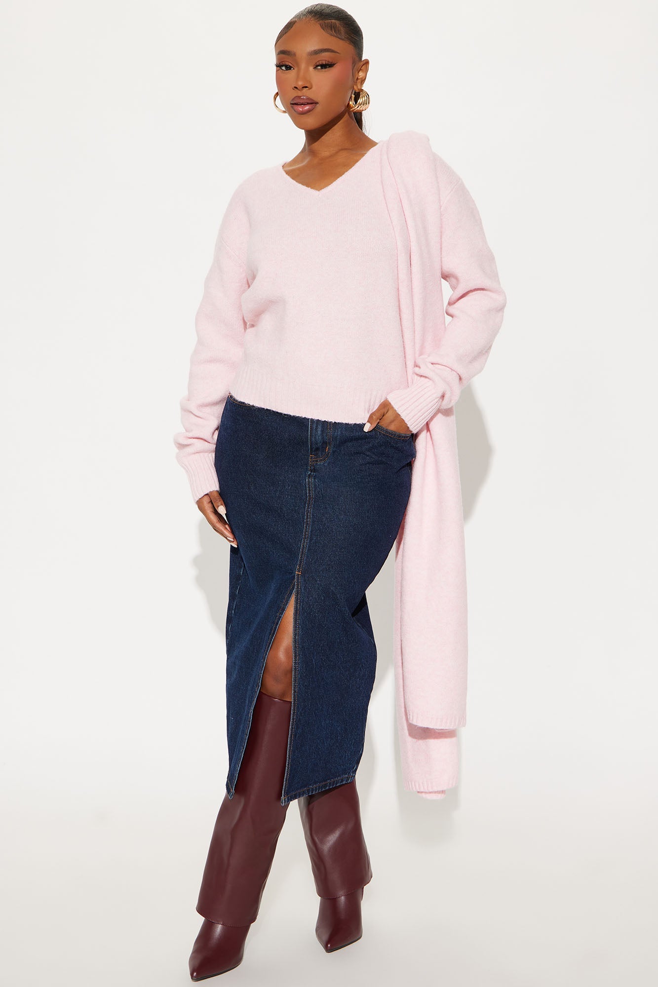 She's Golden 2 Piece Scarf Sweater Set - Pink