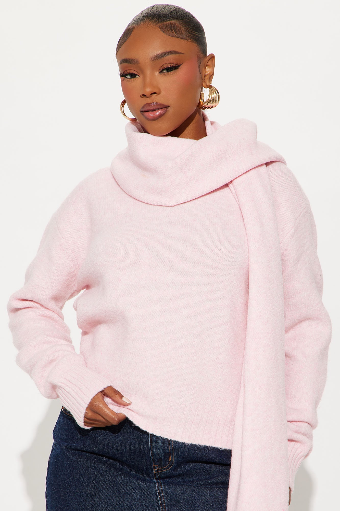 She's Golden 2 Piece Scarf Sweater Set - Pink