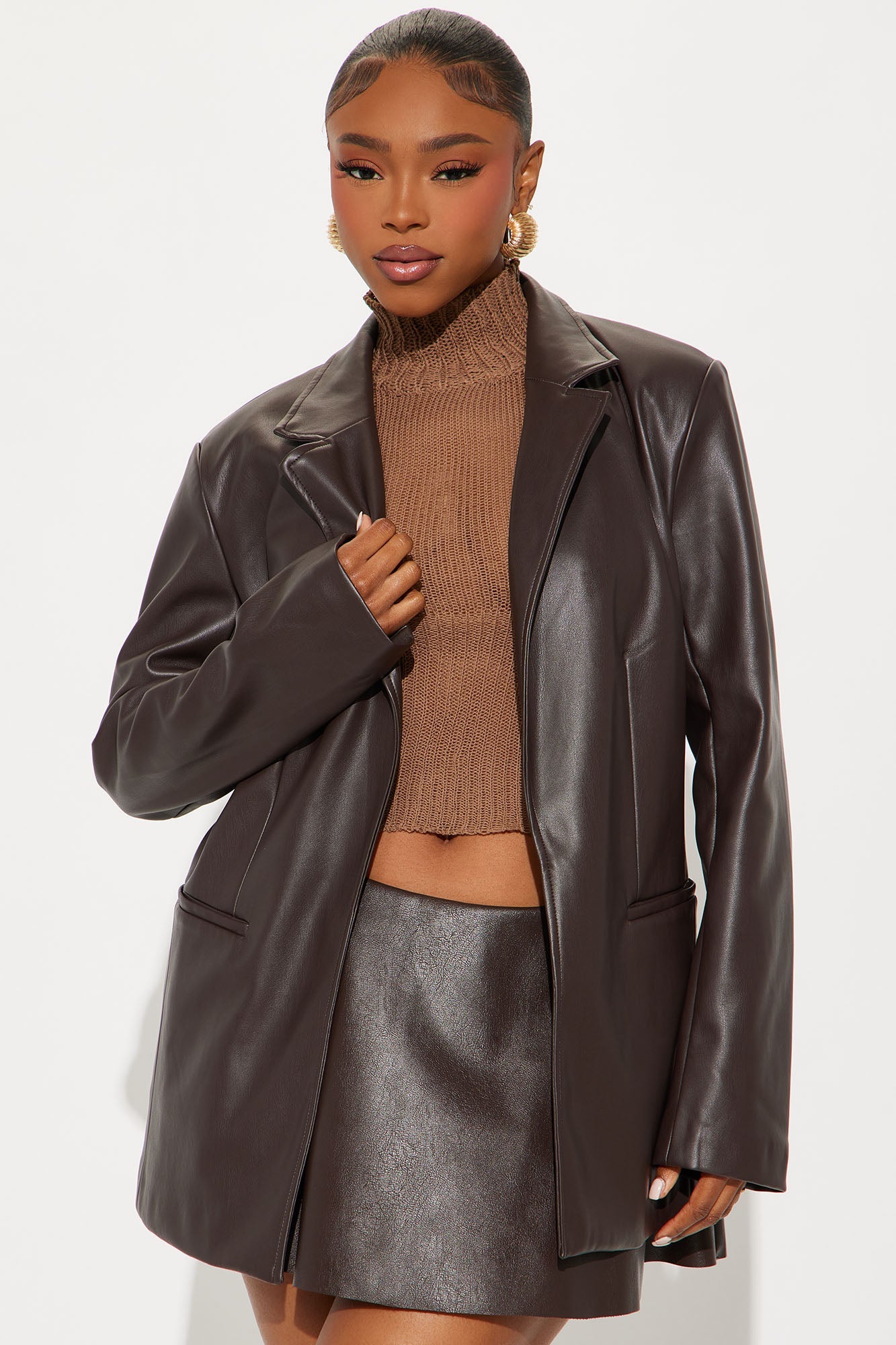 Ameli Oversized Faux Leather Blazer - Brown